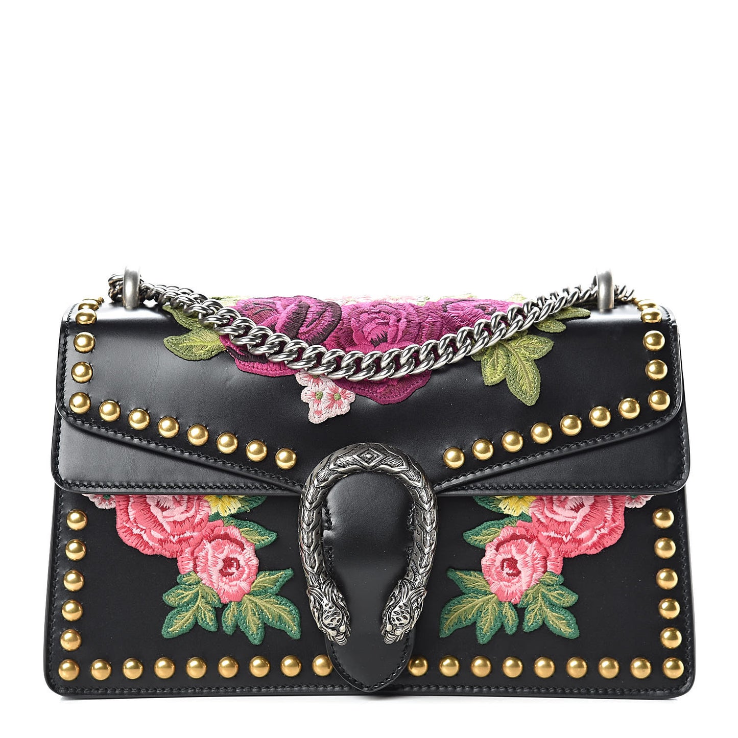 Calfskin Floral Embroidered Studded Small Dionysus Shoulder Bag Black