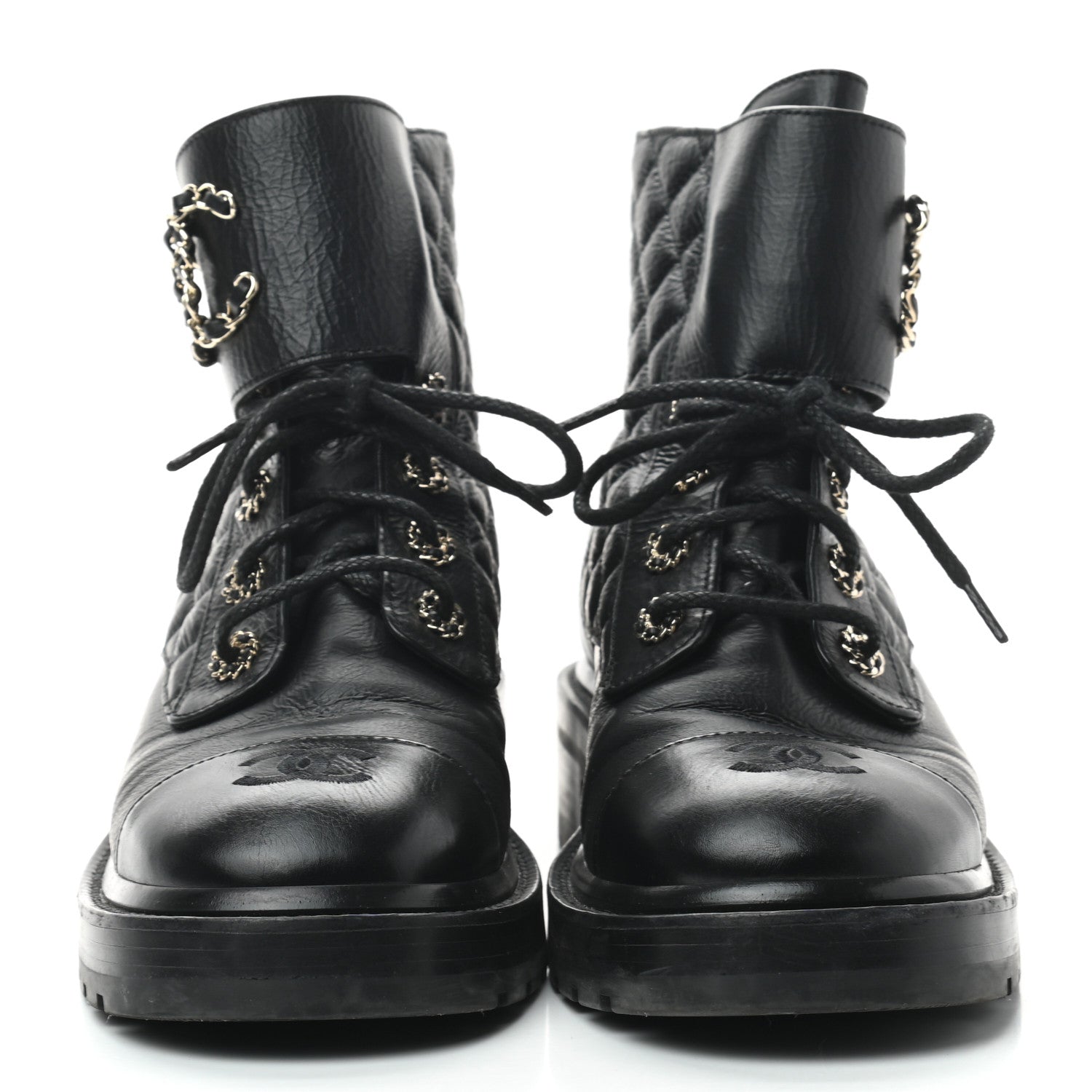 Chanel Shiny Goatskin Calfskin Quilted Lace Up Combat Boots 40 Black 3 of 7