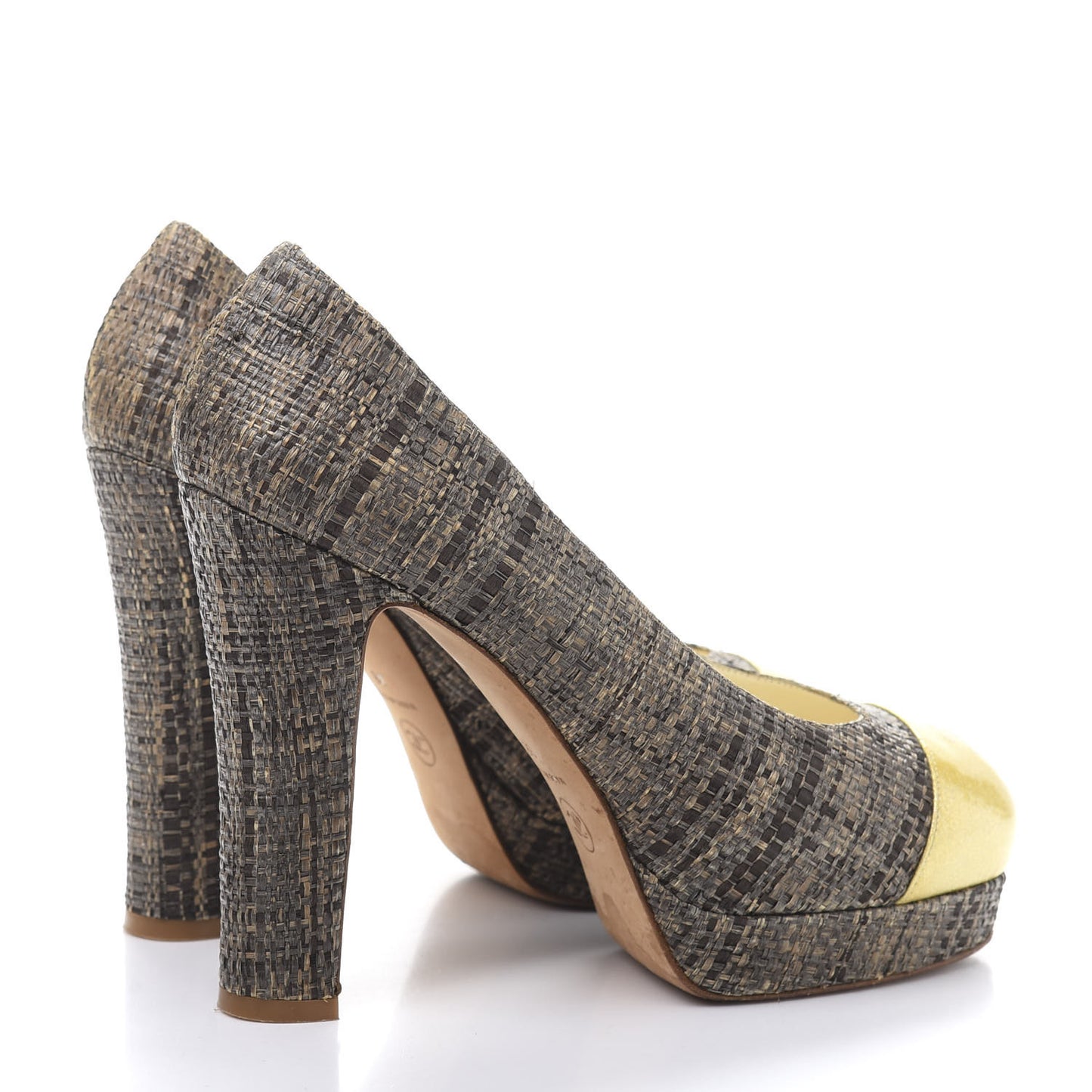 Raffia Patent Cap Toe CC Pumps 38 Brown Gold