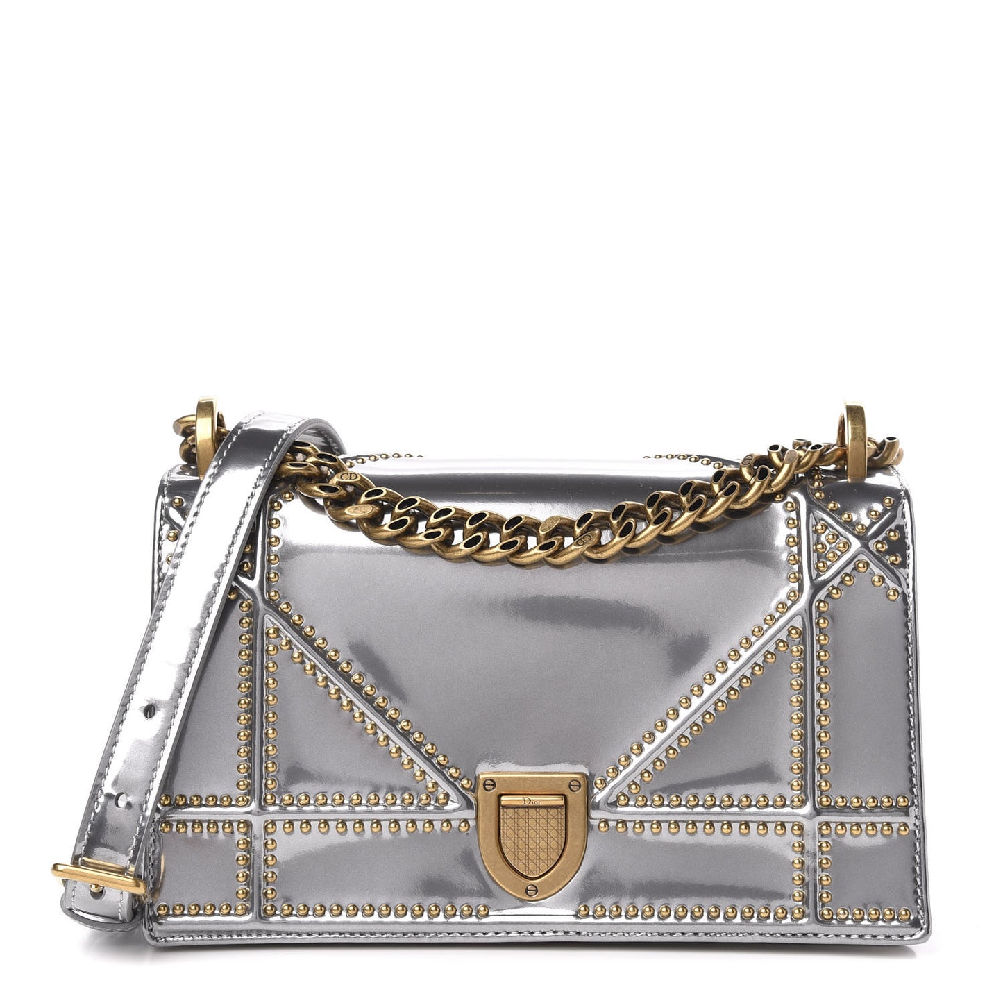 Metallic Patent Studded Small Diorama Flap Bag Silver