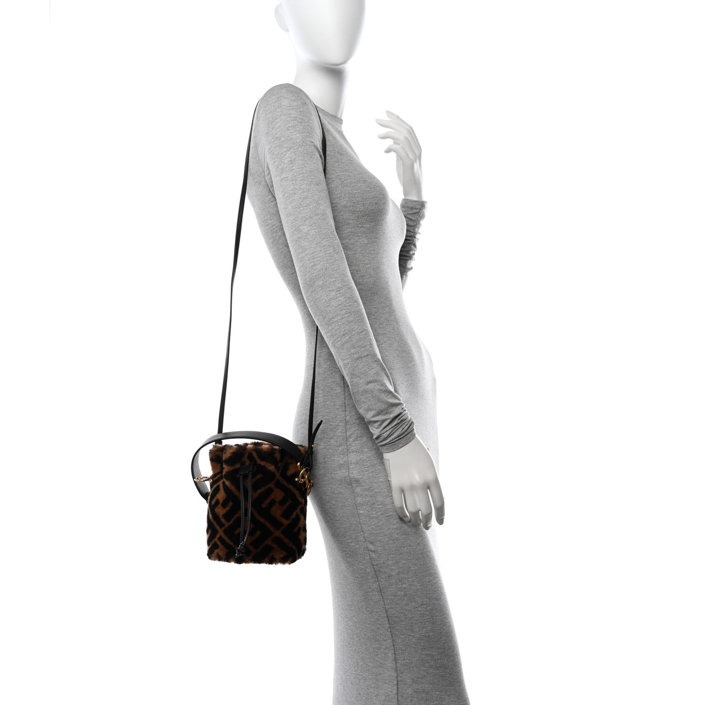 Shearling Vitello Dolce F is Fendi Macro FF 1974 Mini Mon Tresor Bucket Bag Tobacco Black