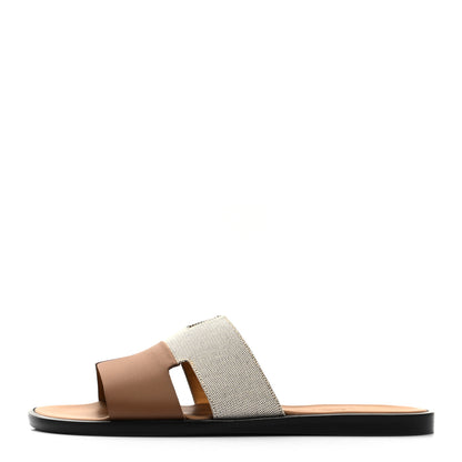 Hermes Canvas Calfskin Mens Izmir Sandals 40 Naturel Safari Prunoir 1 of 8