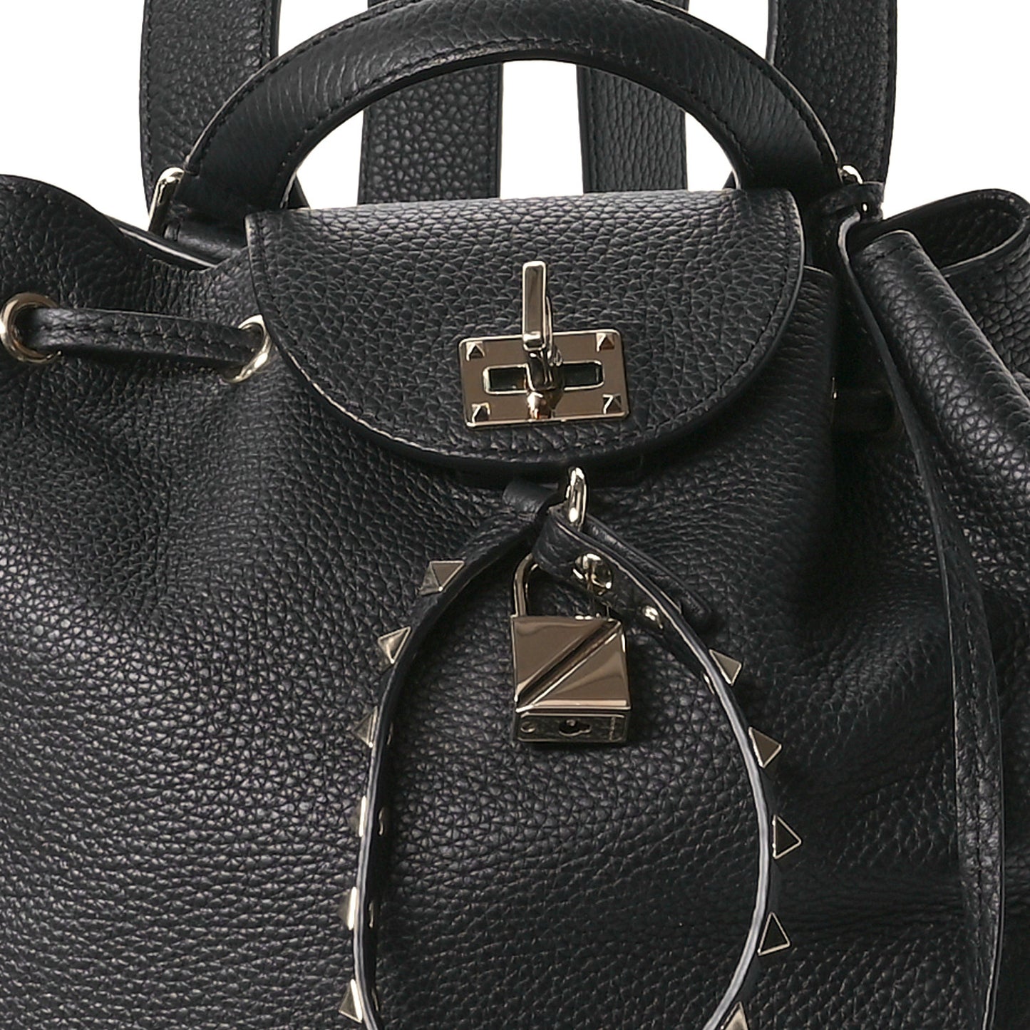 Pebbled Calfskin Rockstud Drawstring Backpack Black