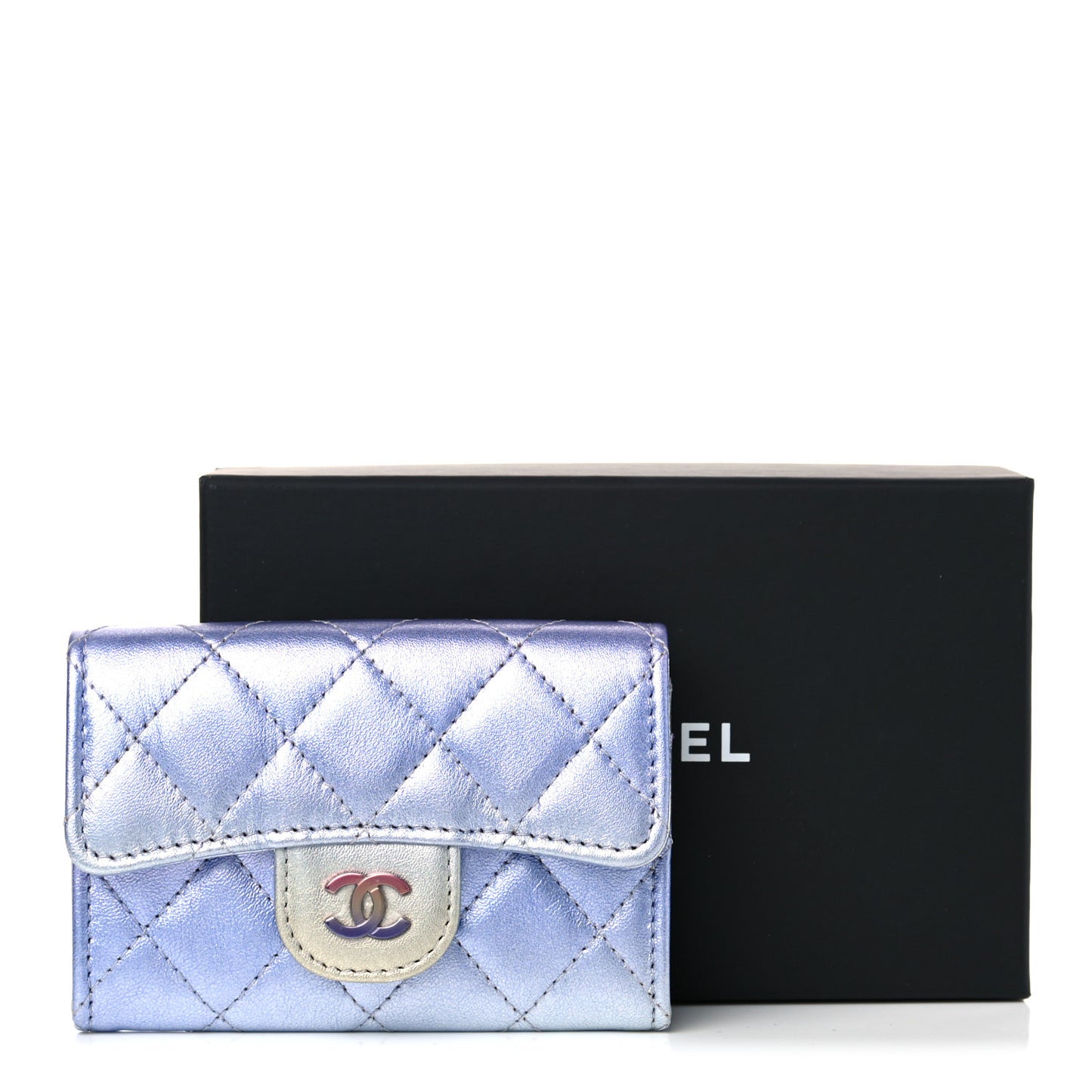 Gradient Metallic Calfskin Quilted Flap Card Holder Wallet Silver Blue Yellow Purple