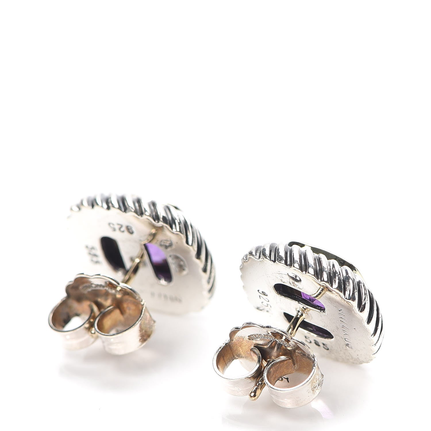 David Yurman Sterling Silver 14K Yellow Gold Amethyst 7mm Albion Earrings 3 of 5