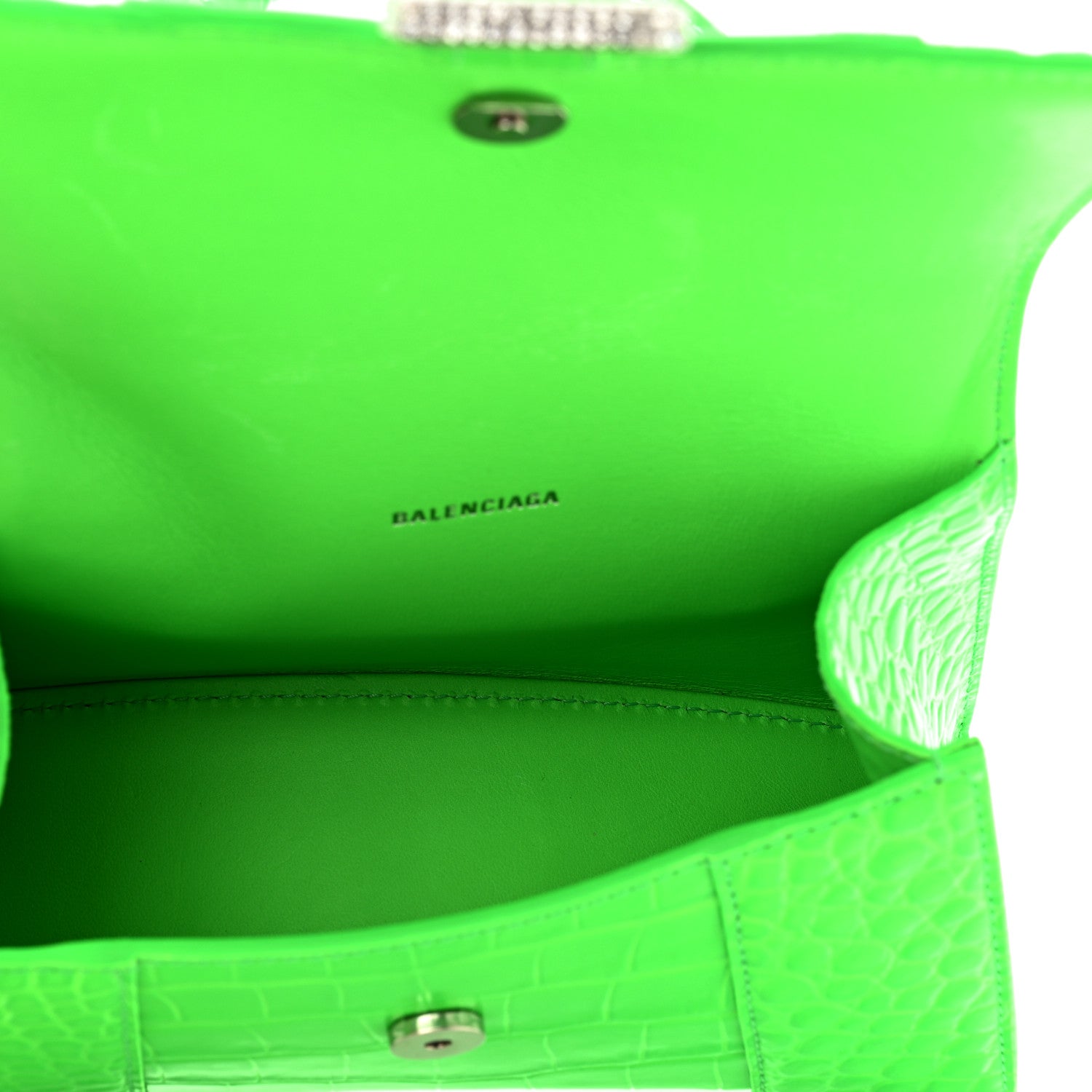 Balenciaga Shiny Calfskin Strass Crocodile Embossed Hourglass Top Handle Bag XS Fluo Green 5 of 10