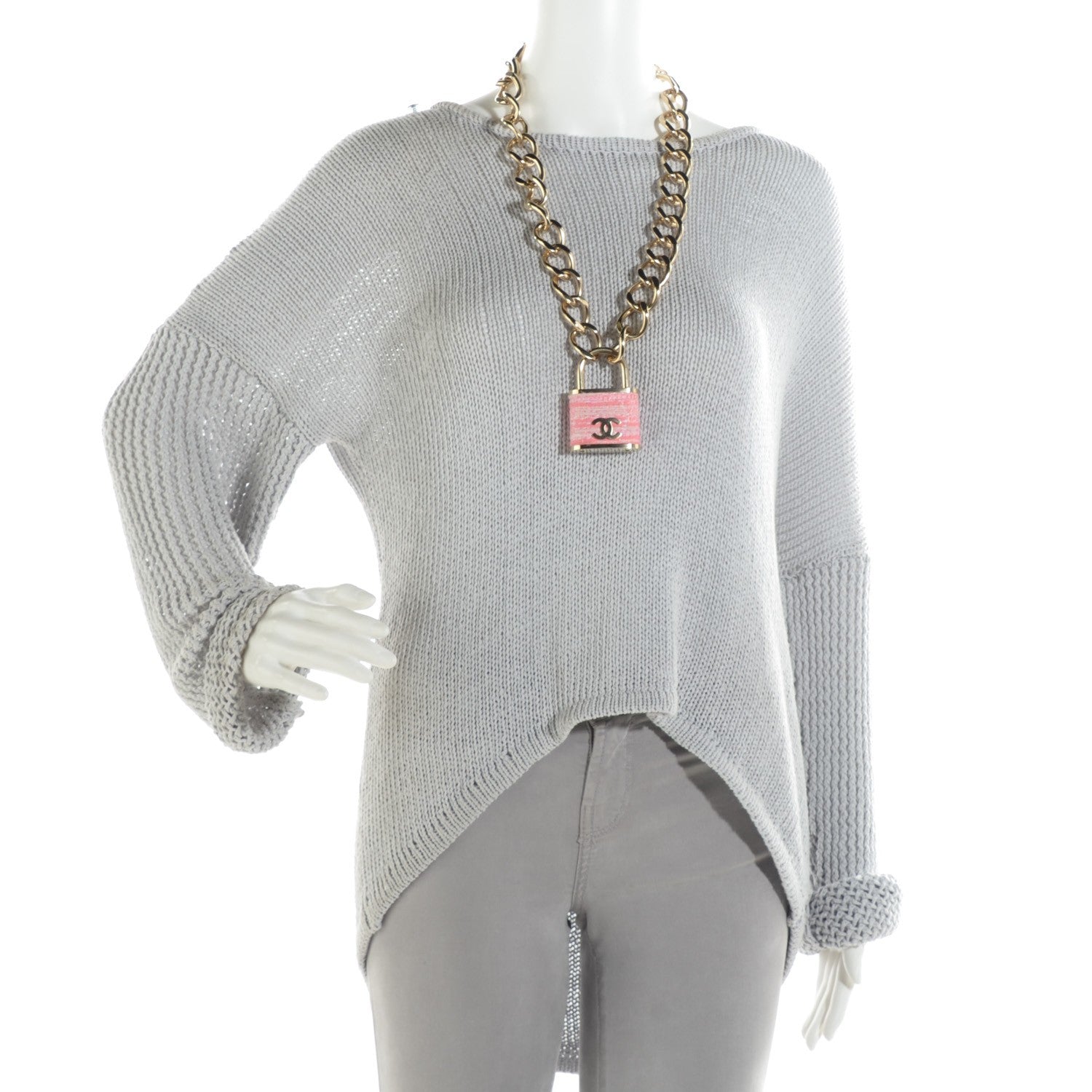 Chanel Tweed CC Oversized Padlock Chain Necklace Gold Pink 4 of 12
