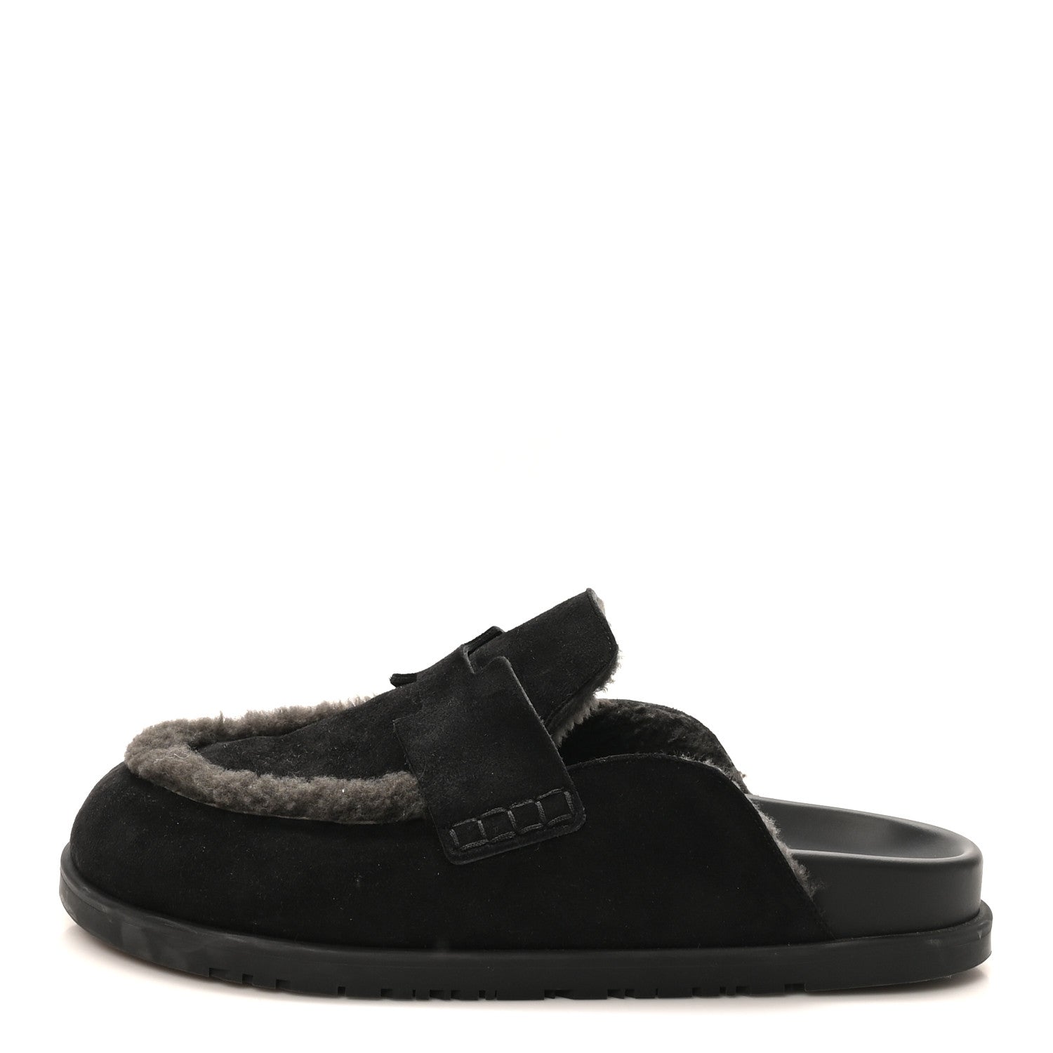 Hermes Suede Goatskin Shearling Mens Go Mules 43.5 Black 1 of 10