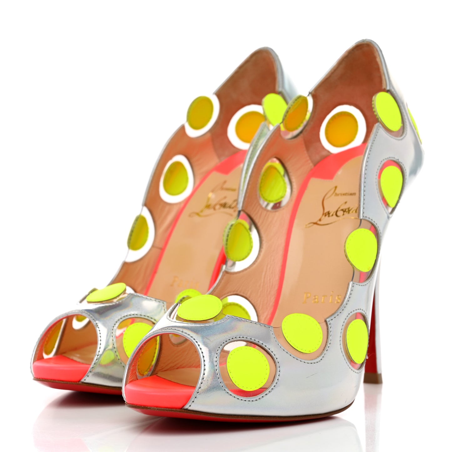 PVC Metallic Patent Polkadot Ladybug 120 Peep Toe Pumps 38 Silver Neon Yellow