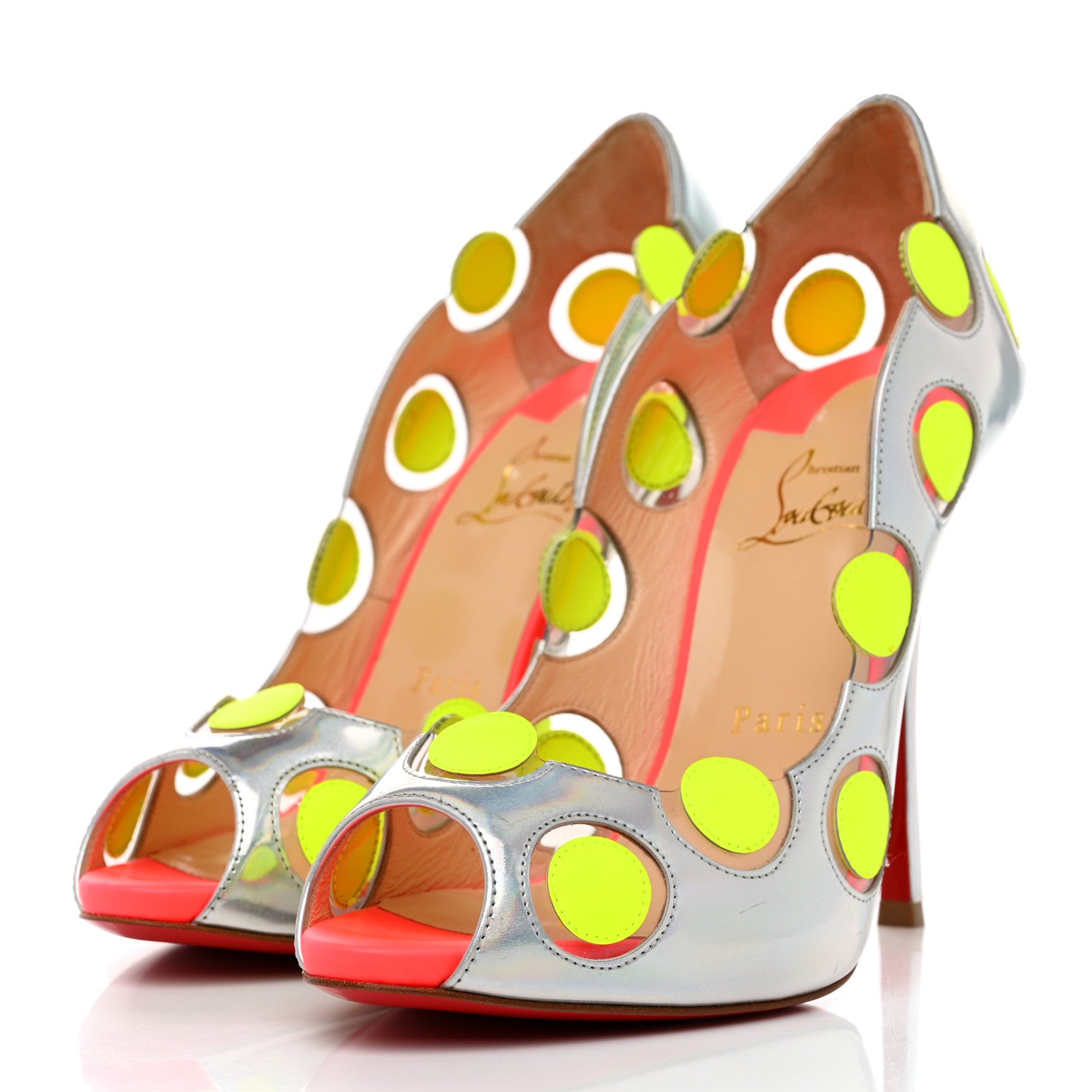 Christian Louboutin PVC Metallic Patent Polkadot Ladybug 120 Peep Toe Pumps 38 Silver Neon Yellow 3 of 7