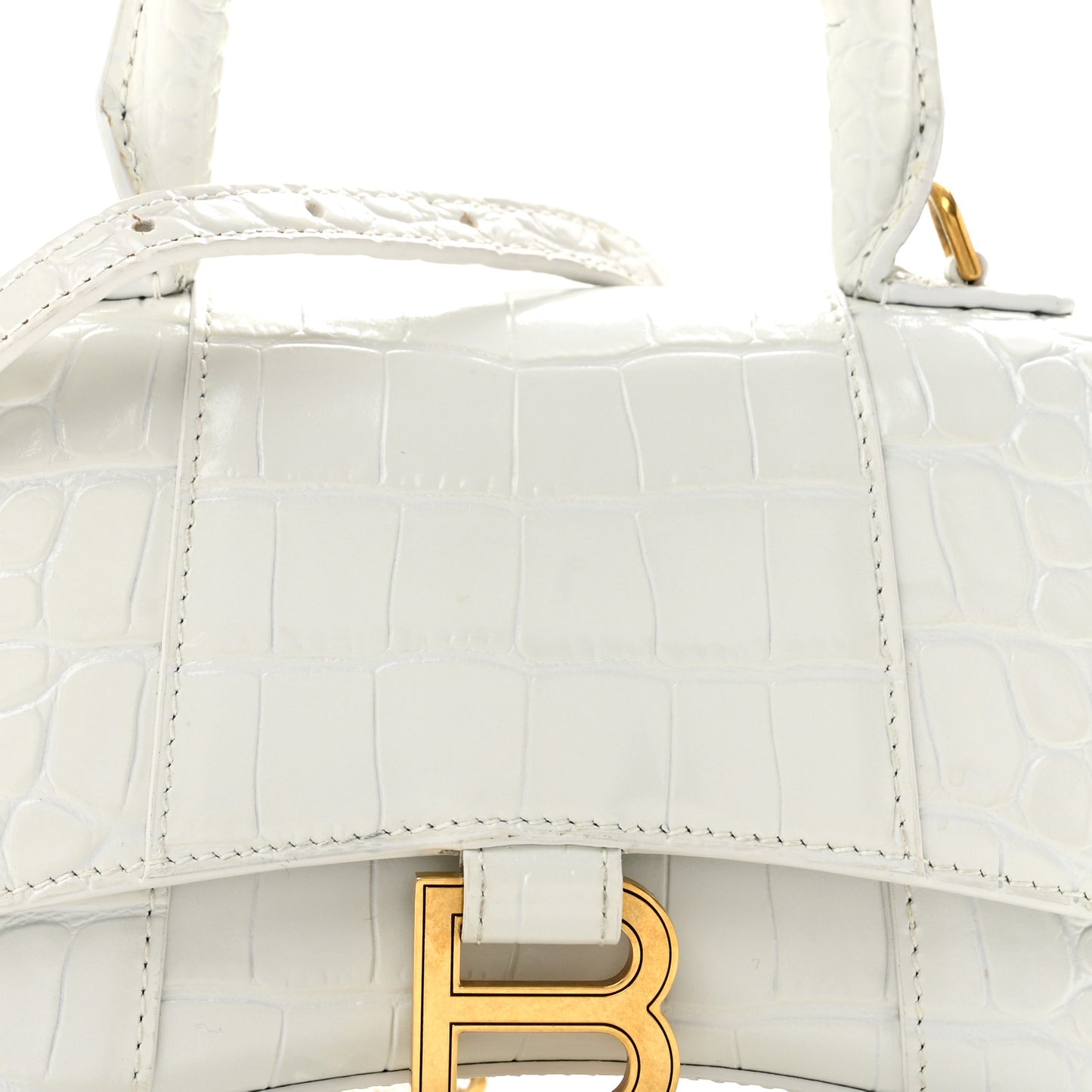 Shiny Calfskin Crocodile Embossed Hourglass Top Handle Bag XS White