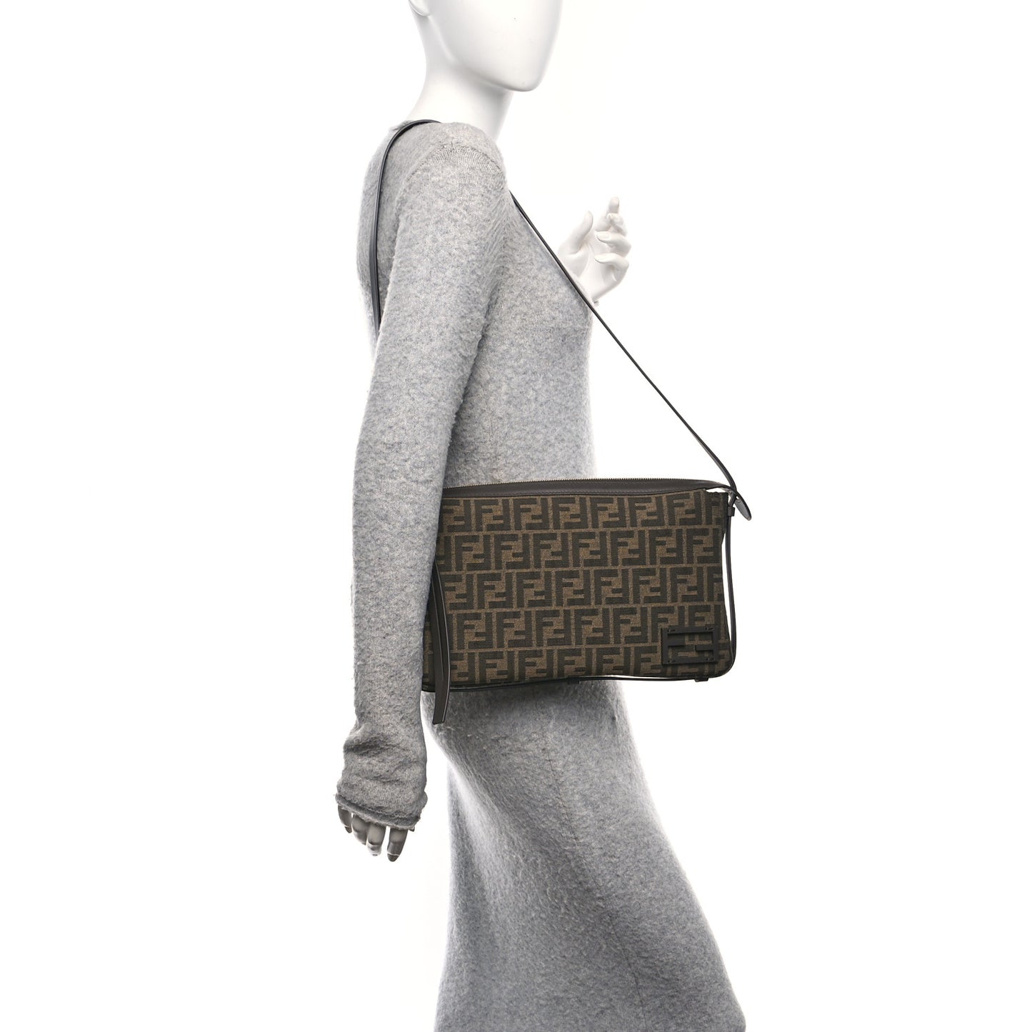 Fabric Jacquard Vitello Grace FF 1974 Medium Simply Fendi Shoulder Bag Tobacco Moro Ebano