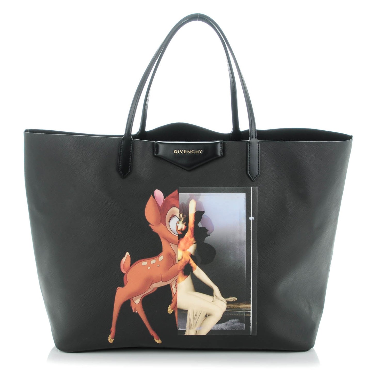 Textured Coated Canvas Bambi Print Large Antigona Tote Black