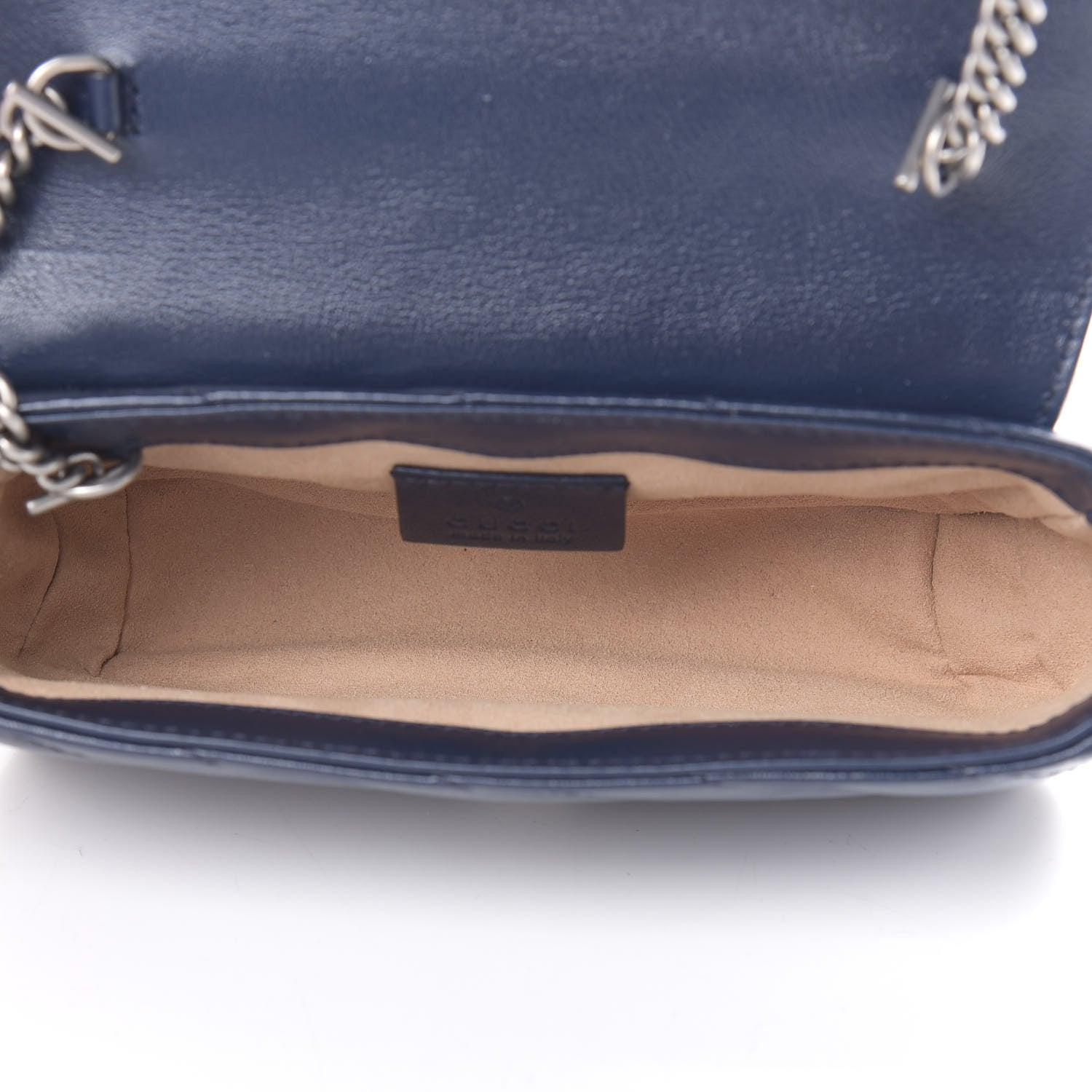 Gucci Vintage Effect Calfskin Matelasse Diagonal Super Mini Torchon GG Marmont Shoulder Bag Blue Agata Mystic White 5 of 11