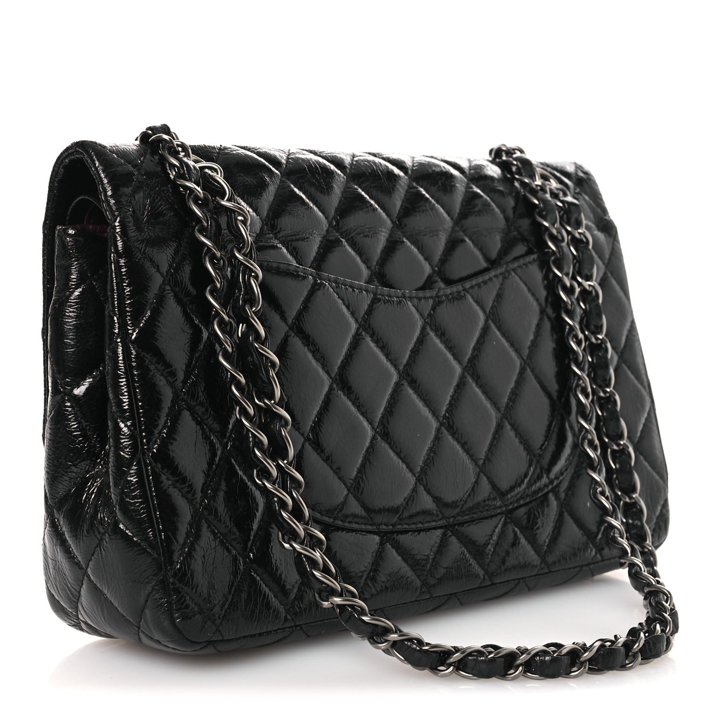 Distressed Patent Quilted Medium Double Flap Black
