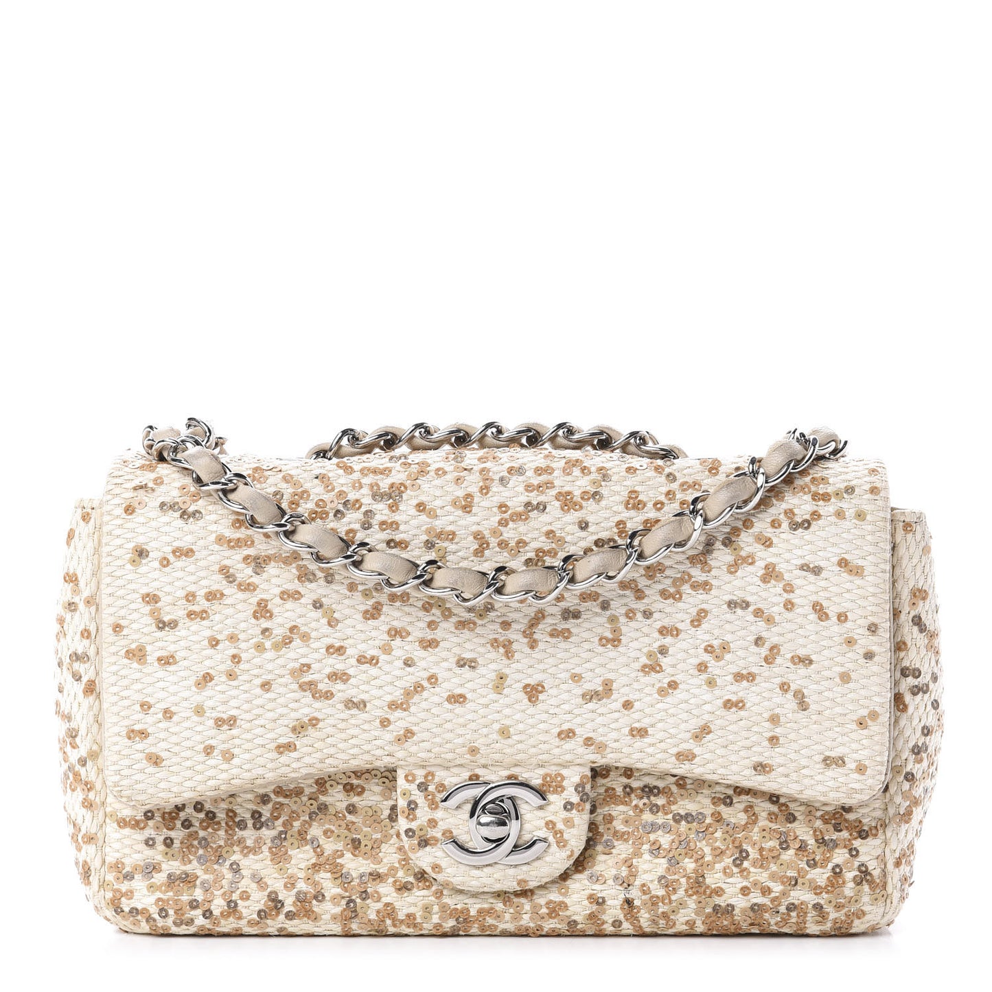 Raffia Sequin Small Single Flap Beige Gold