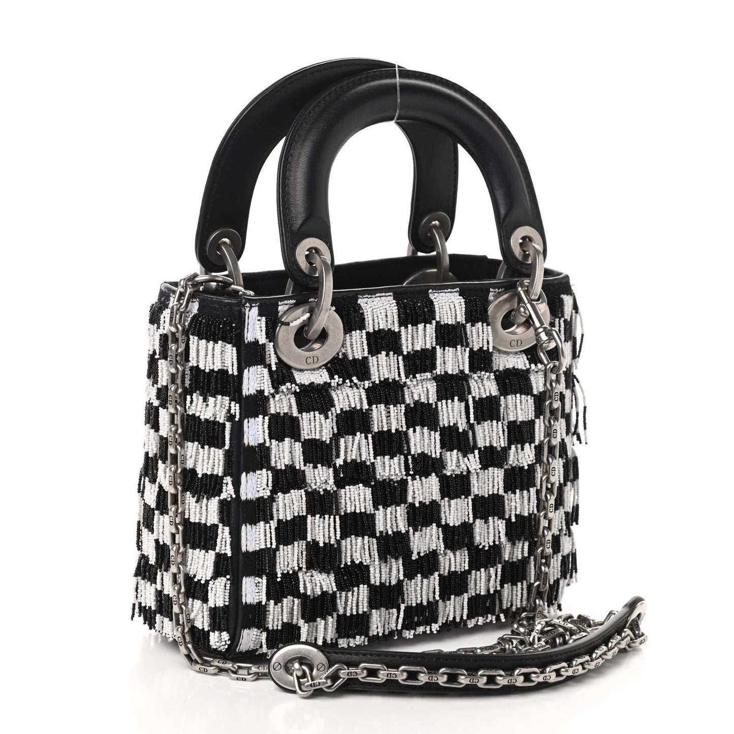 Calfskin Beaded Fringe Checkered Mini Lady Dior Black White