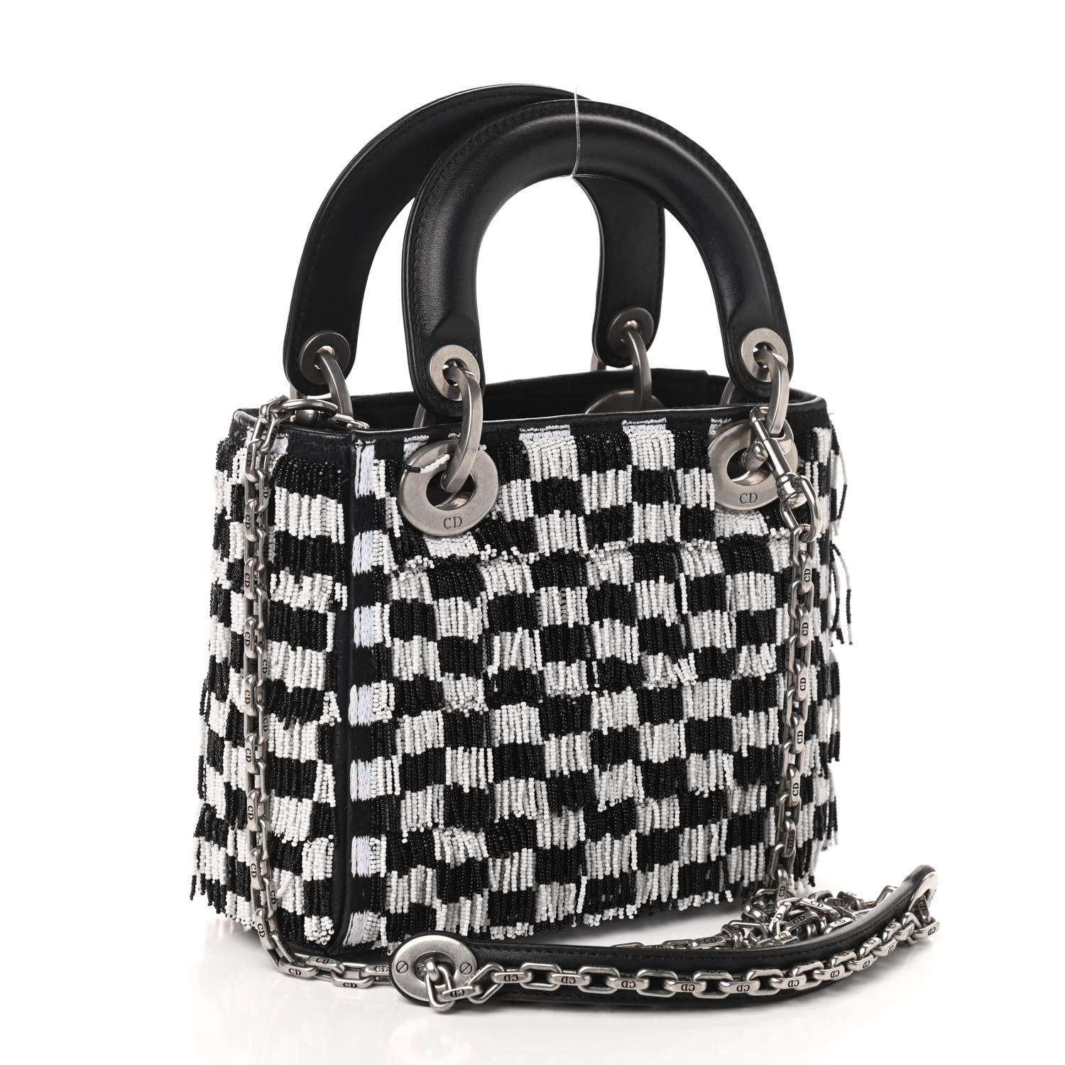 Christian Dior Calfskin Beaded Fringe Checkered Mini Lady Dior Black White 4 of 8