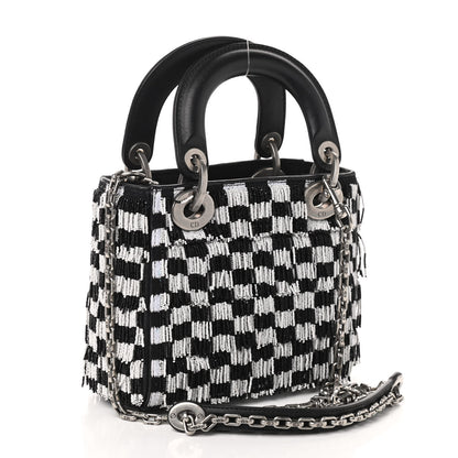 Christian Dior Calfskin Beaded Fringe Checkered Mini Lady Dior Black White 4 of 8