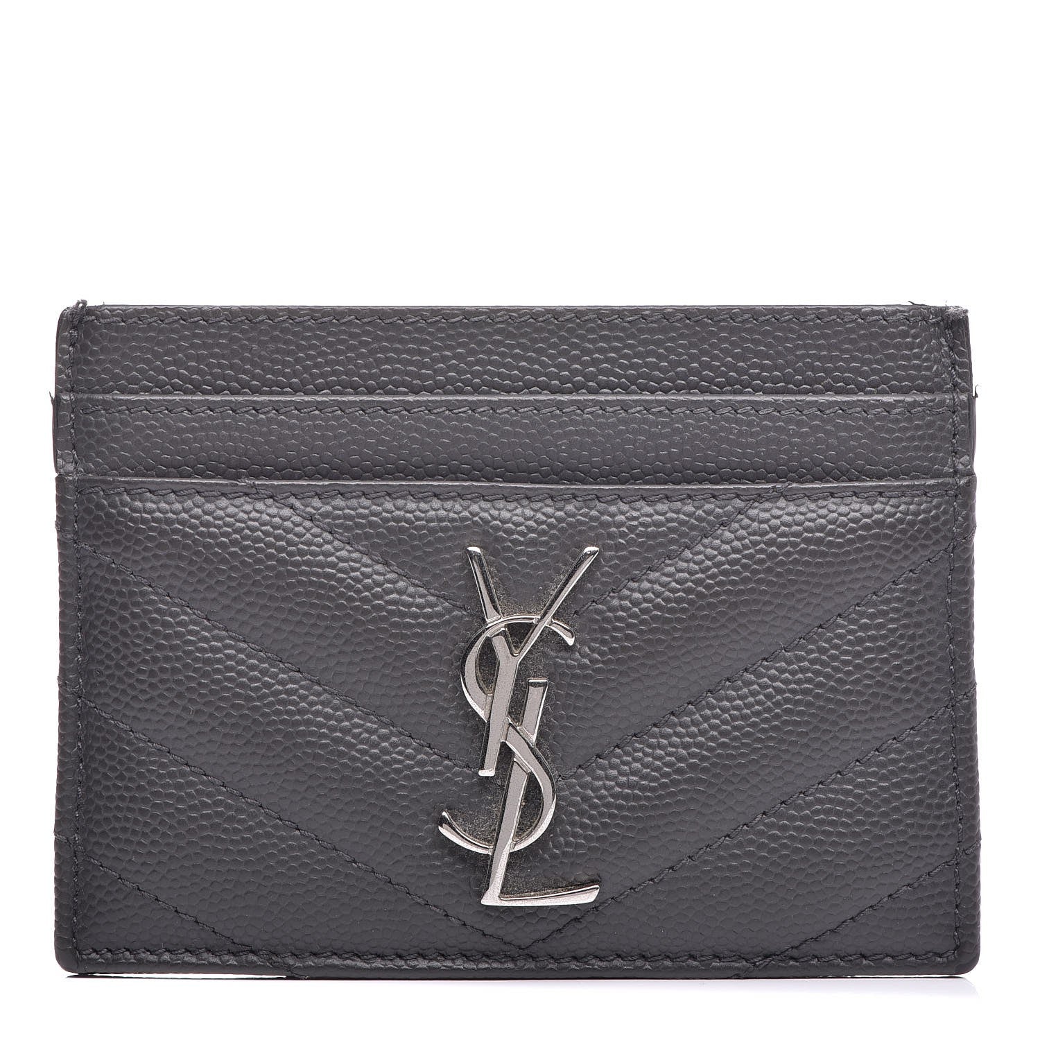 Saint Laurent Grain De Poudre Matelasse Chevron Monogram Credit Card Case Coal 1 of 8