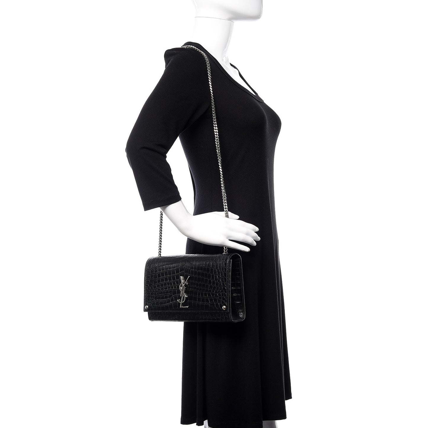 Calfskin Crocodile Embossed Medium Classic Monogram Kate Satchel Black