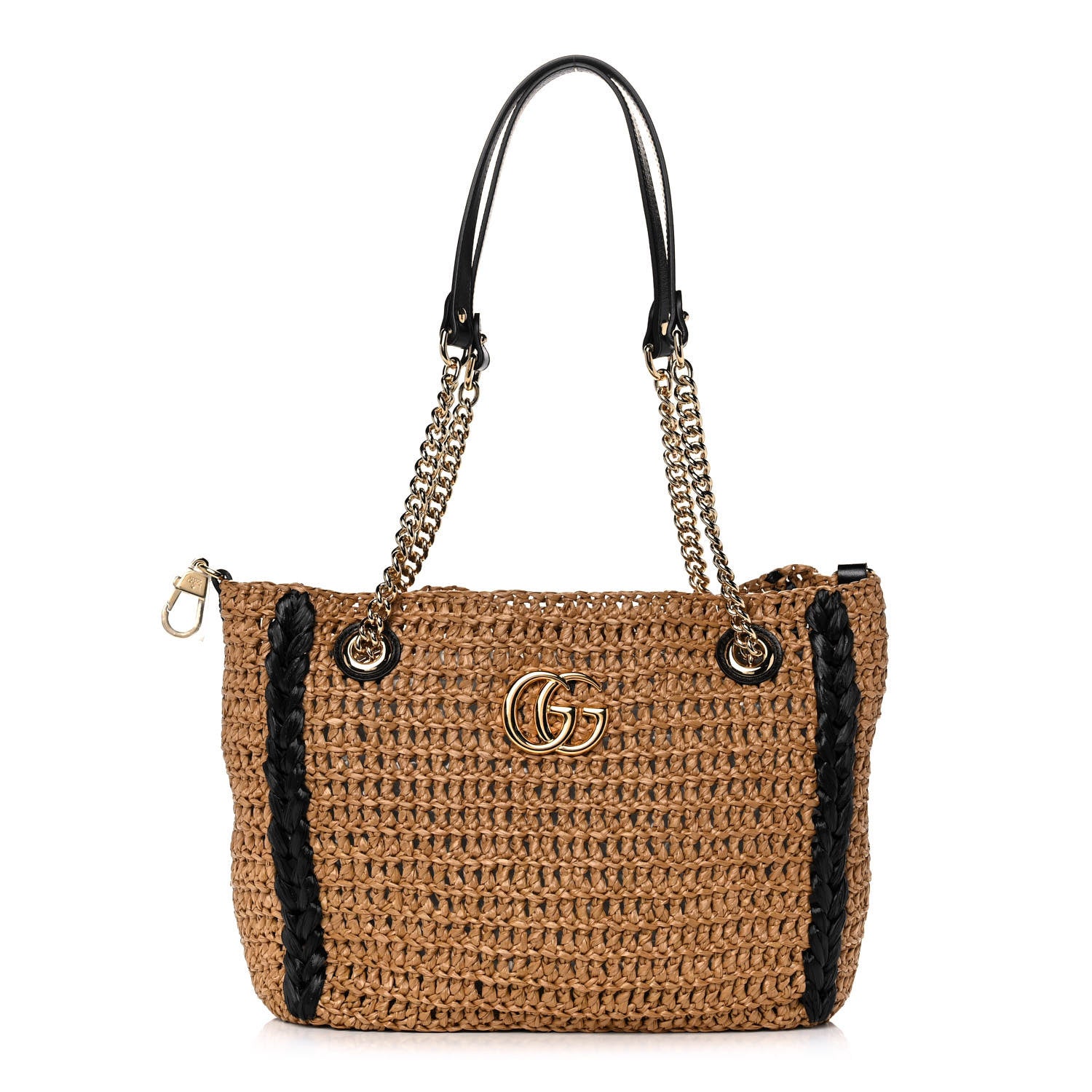 Gucci Raffia Effect Medium GG Marmont Shoulder Tote Bag Natural Black 1 of 11