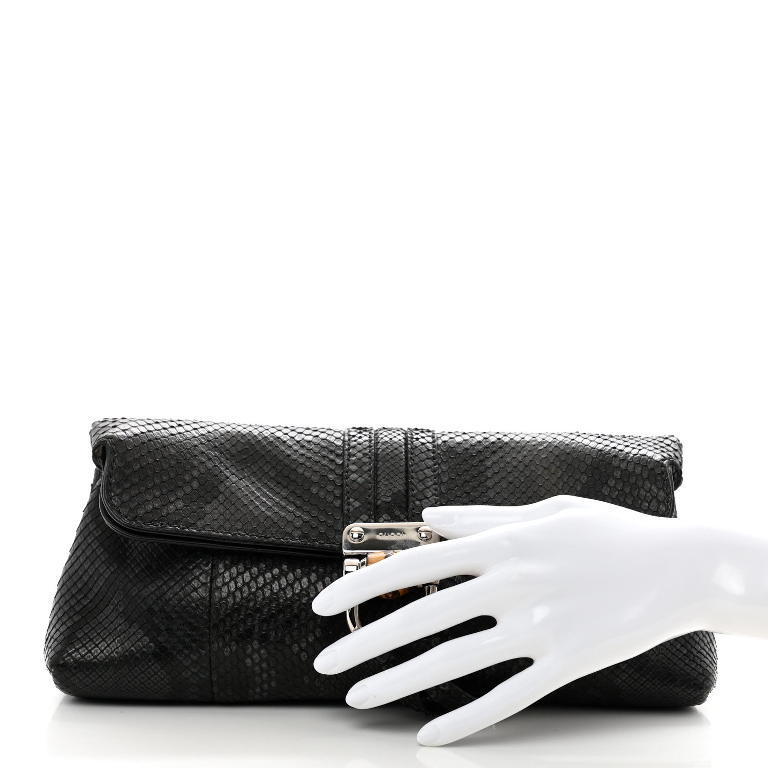 Gucci Snakeskin Bamboo Croisette Clutch Black Blue 3 of 10