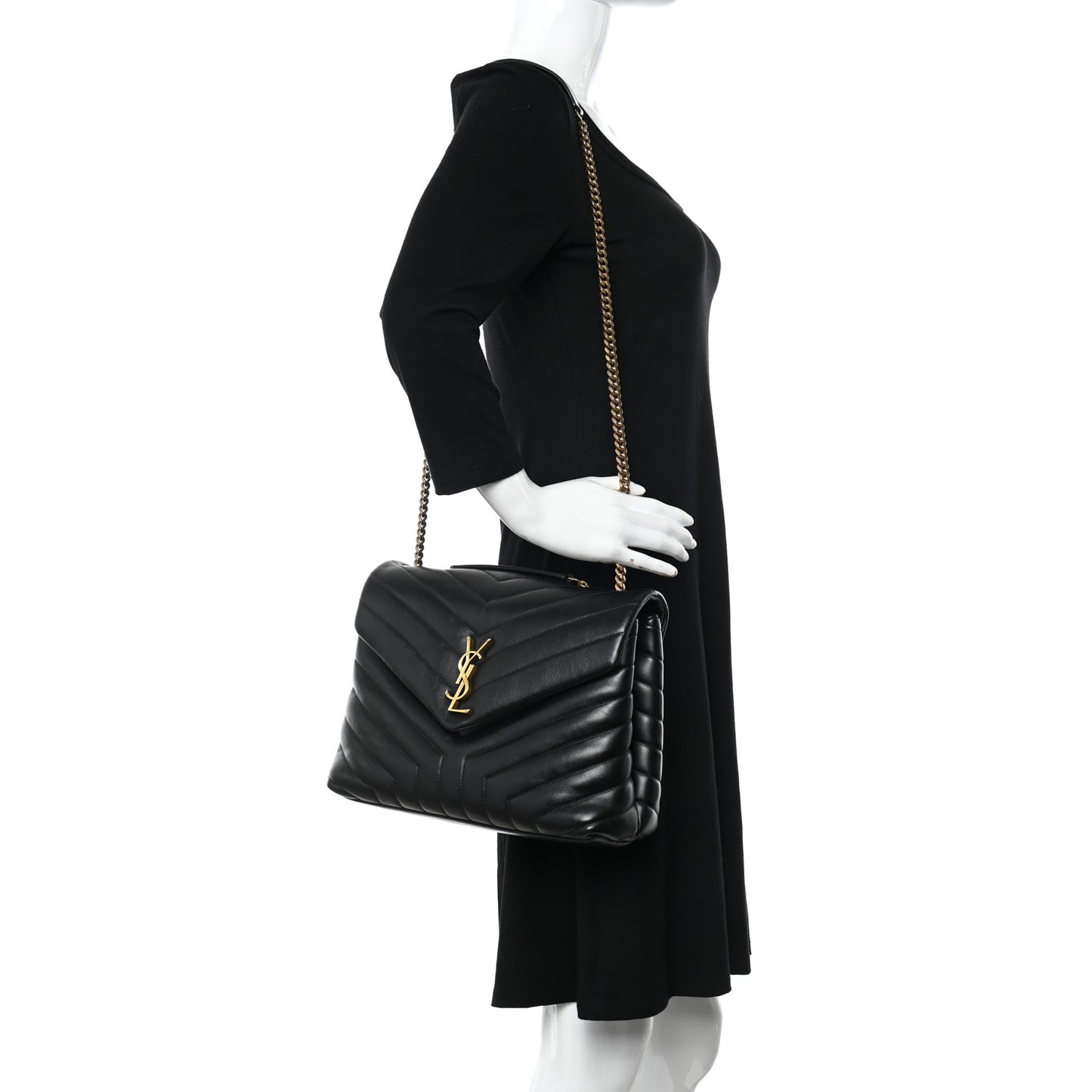Calfskin Y Quilted Monogram Medium Loulou Chain Satchel Black