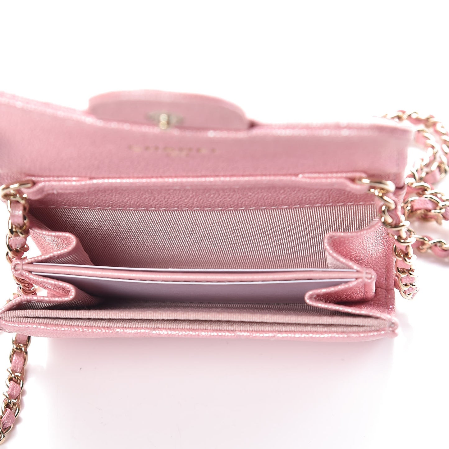 Iridescent Caviar Quilted Flap Card Holder On Chain Pink