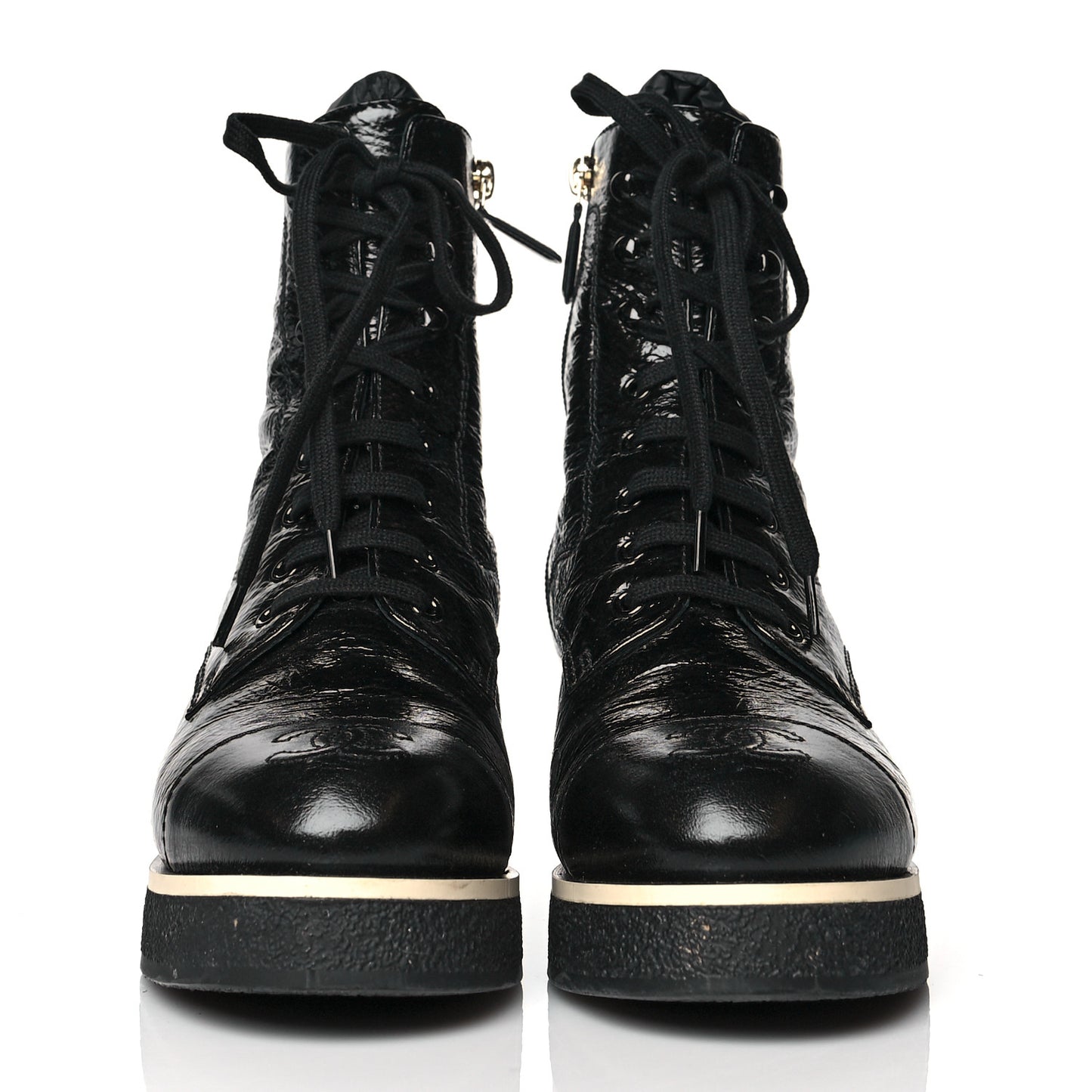 Shiny Crumpled Lambskin Lace Up Combat Boots 38 Black