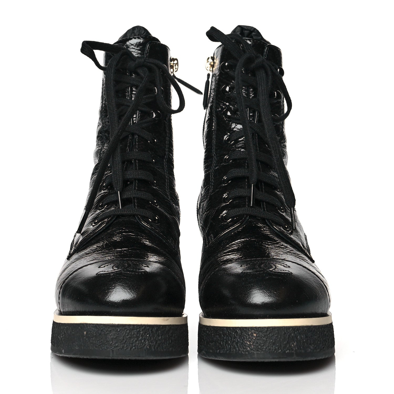 Chanel Shiny Crumpled Lambskin Lace Up Combat Boots 38 Black 2 of 10