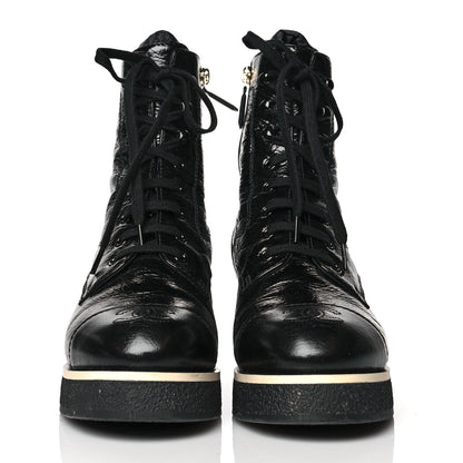 Chanel Shiny Crumpled Lambskin Lace Up Combat Boots 38 Black 2 of 10