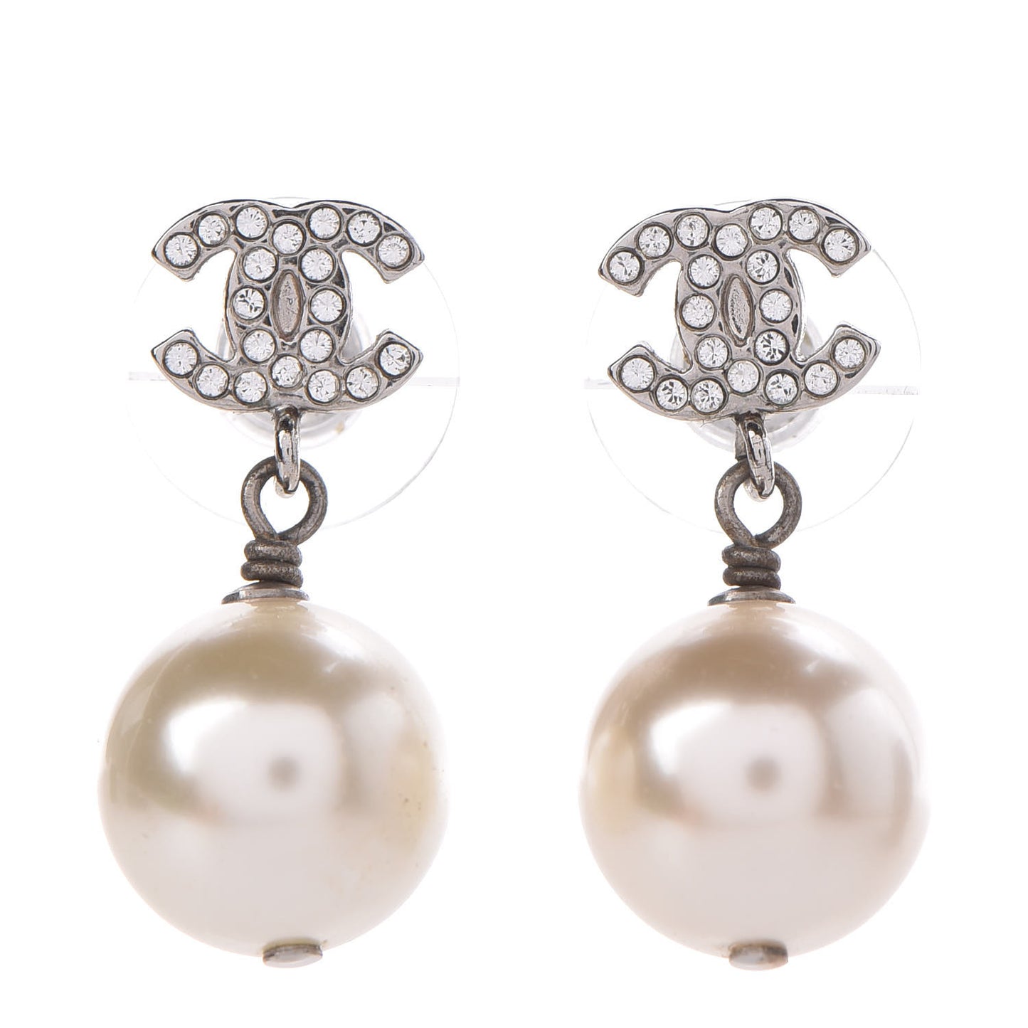 Crystal Pearl CC Drop Earrings Silver Pearly White