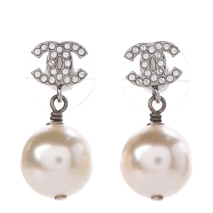 Chanel Crystal Pearl CC Drop Earrings Silver Pearly White 1 of 5