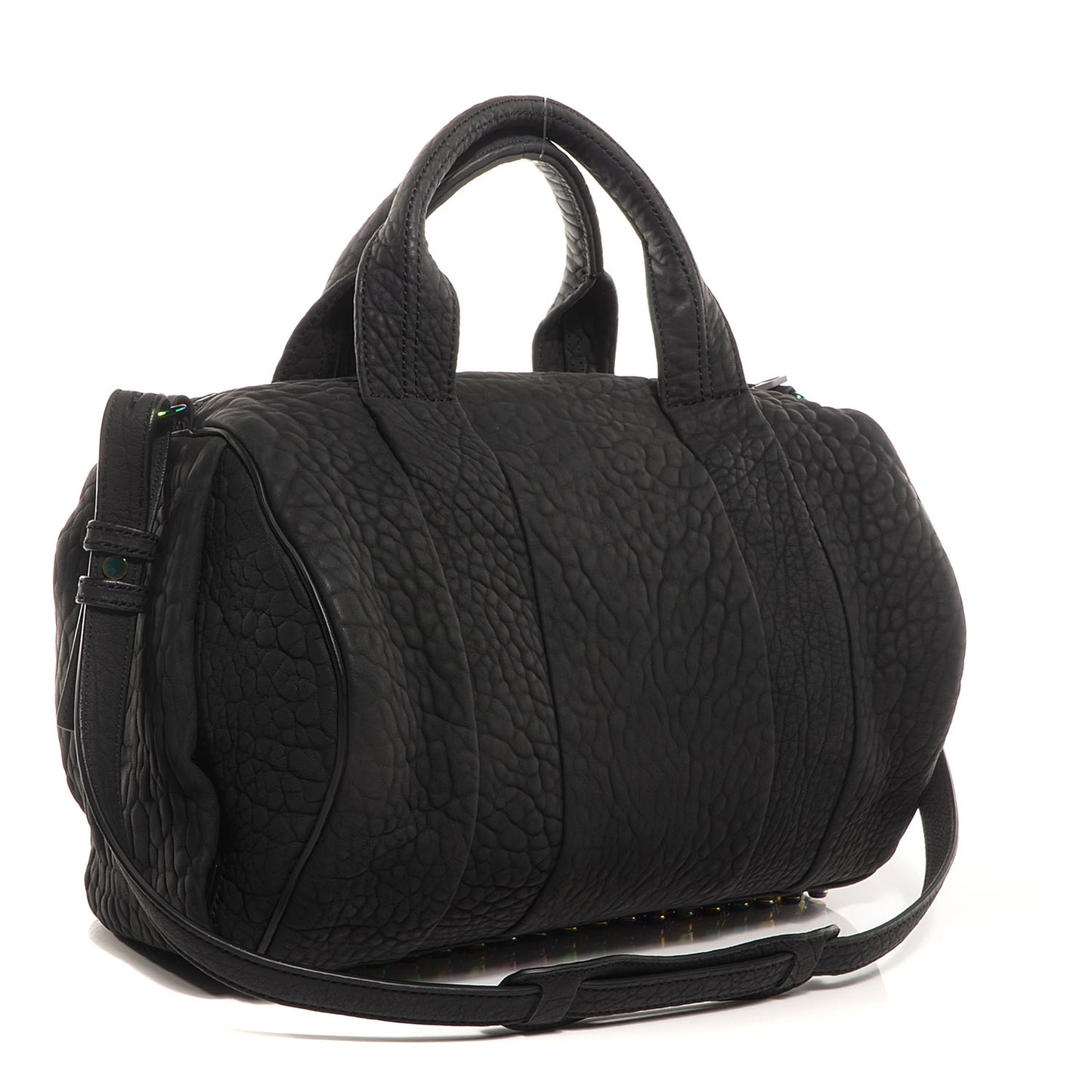 Pebbled Lambskin Rocco Duffel Matte Black w Iridescent Hardware
