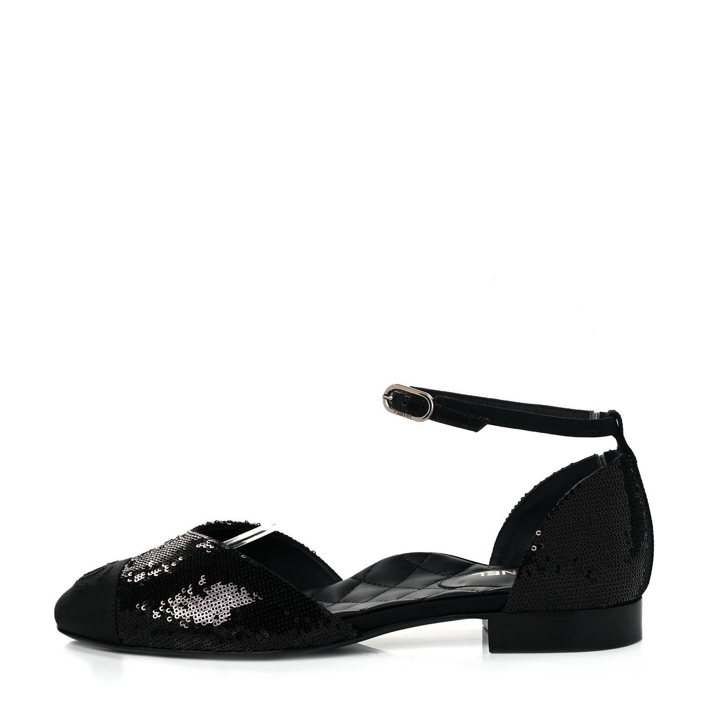 Sequin Grosgrain CC Cap Toe Ankle Flat 37.5 Black