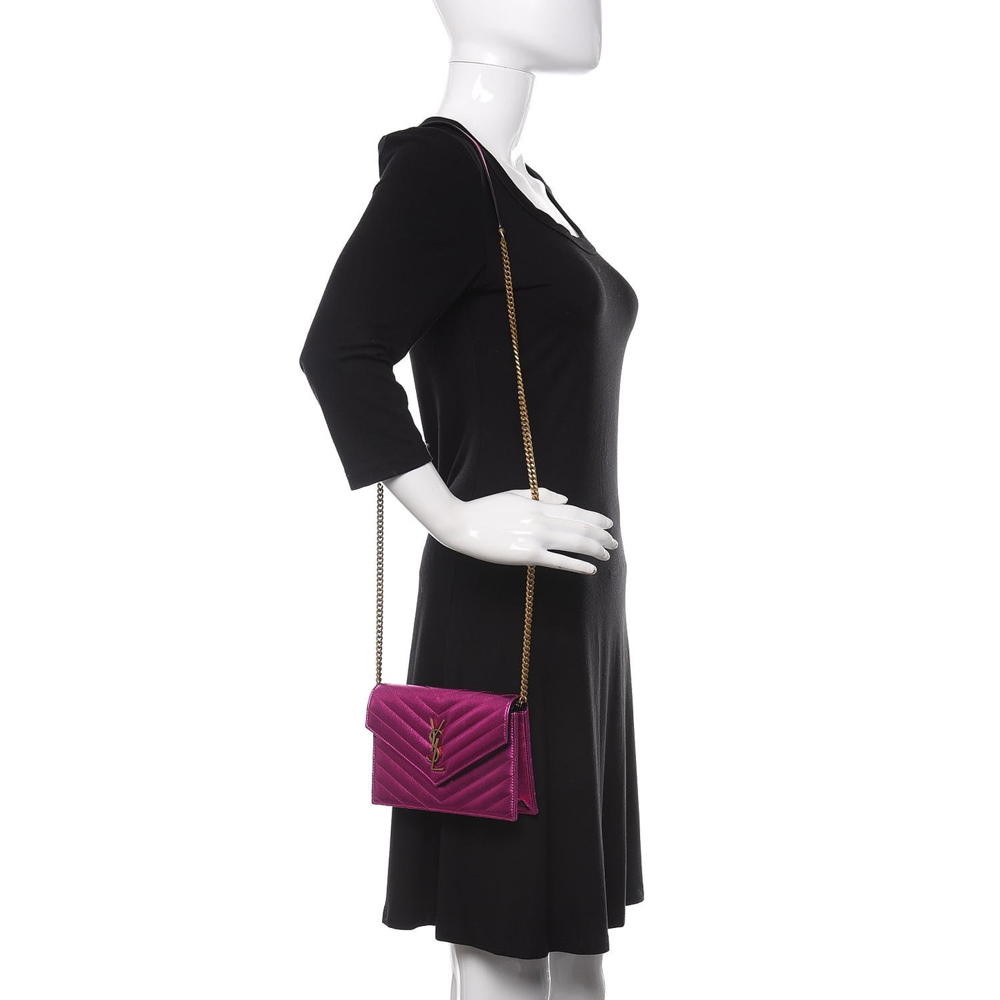 Metallic Calfskin Matelasse Chevron Monogram Envelope Chain Wallet Fuchsia