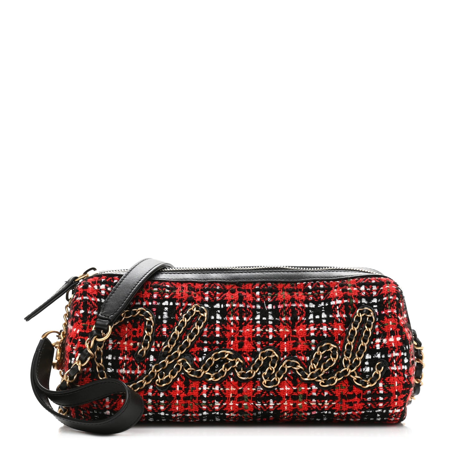 Tweed Calfskin Signe Bowling Bag Red Black