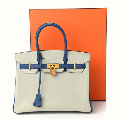 Hermes Chevre Mysore Bi-Color Horseshoe Birkin 30 Gris Perle Bleu Brighton 11 of 11