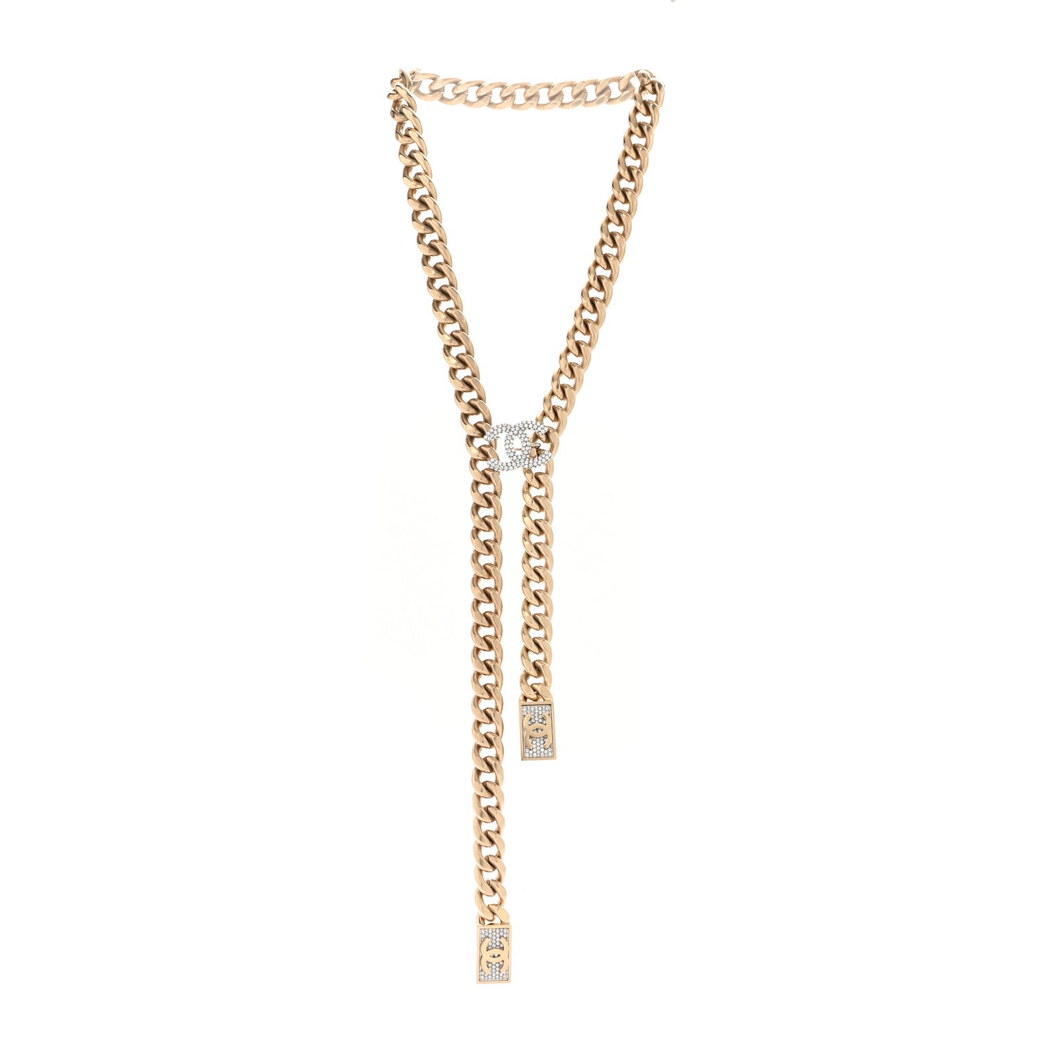 Chanel Chain Link Crystal CC Dog Tag Charm Necklace Gold 3 of 5
