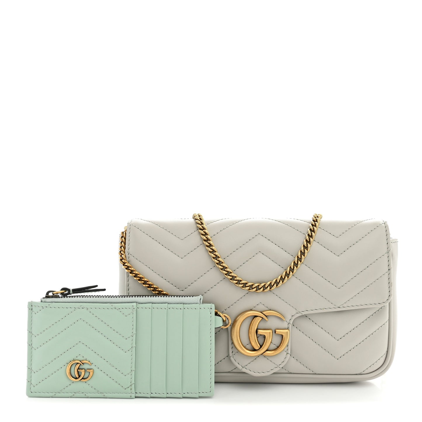 Calfskin Matelasse Mini GG Marmont Shoulder Bag With Card Holder Light Grey Salvy Green