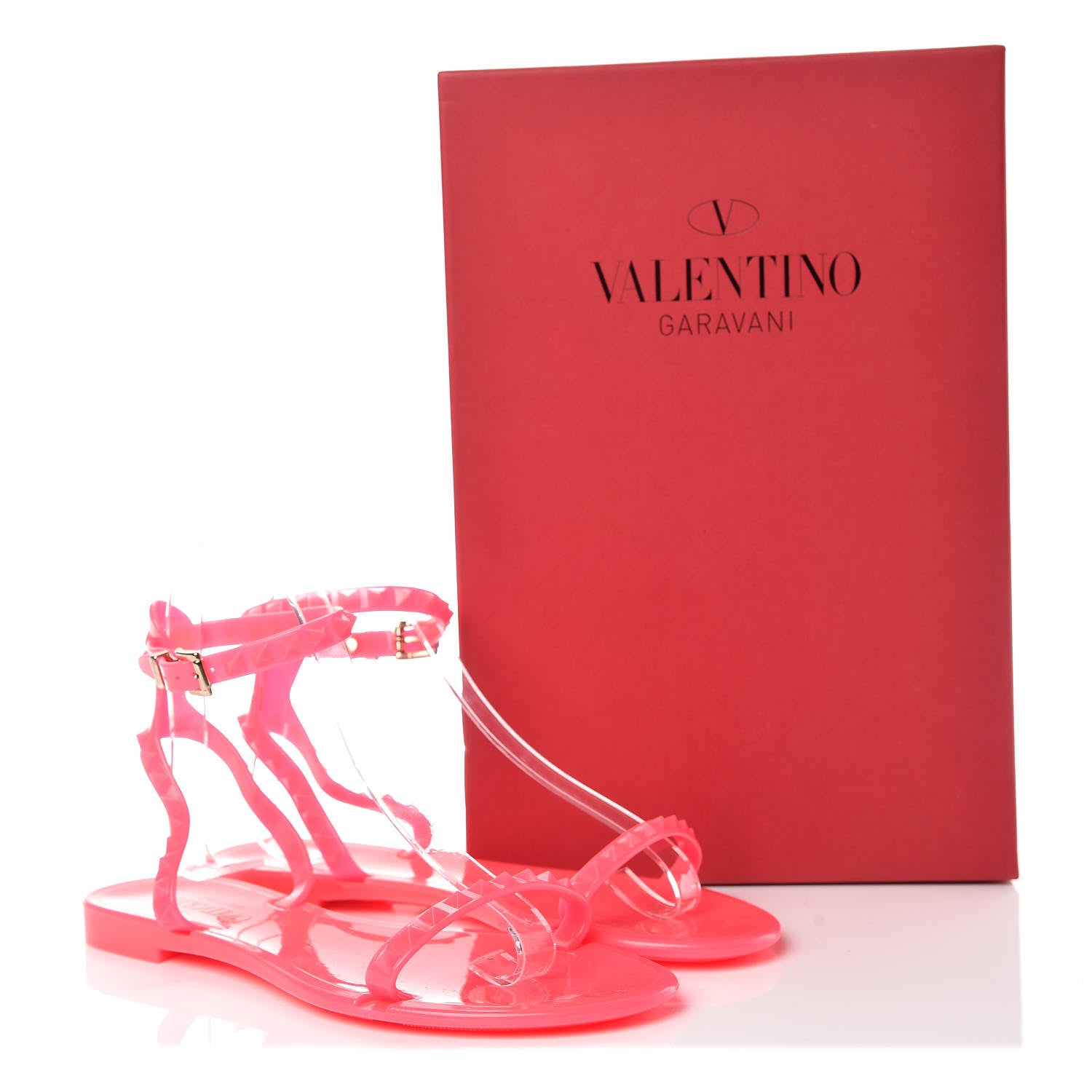 Valentino Garavani PVC Jelly Rockstud Ankle Strap Flat Sandals 37 Fuxia Fluo 9 of 9