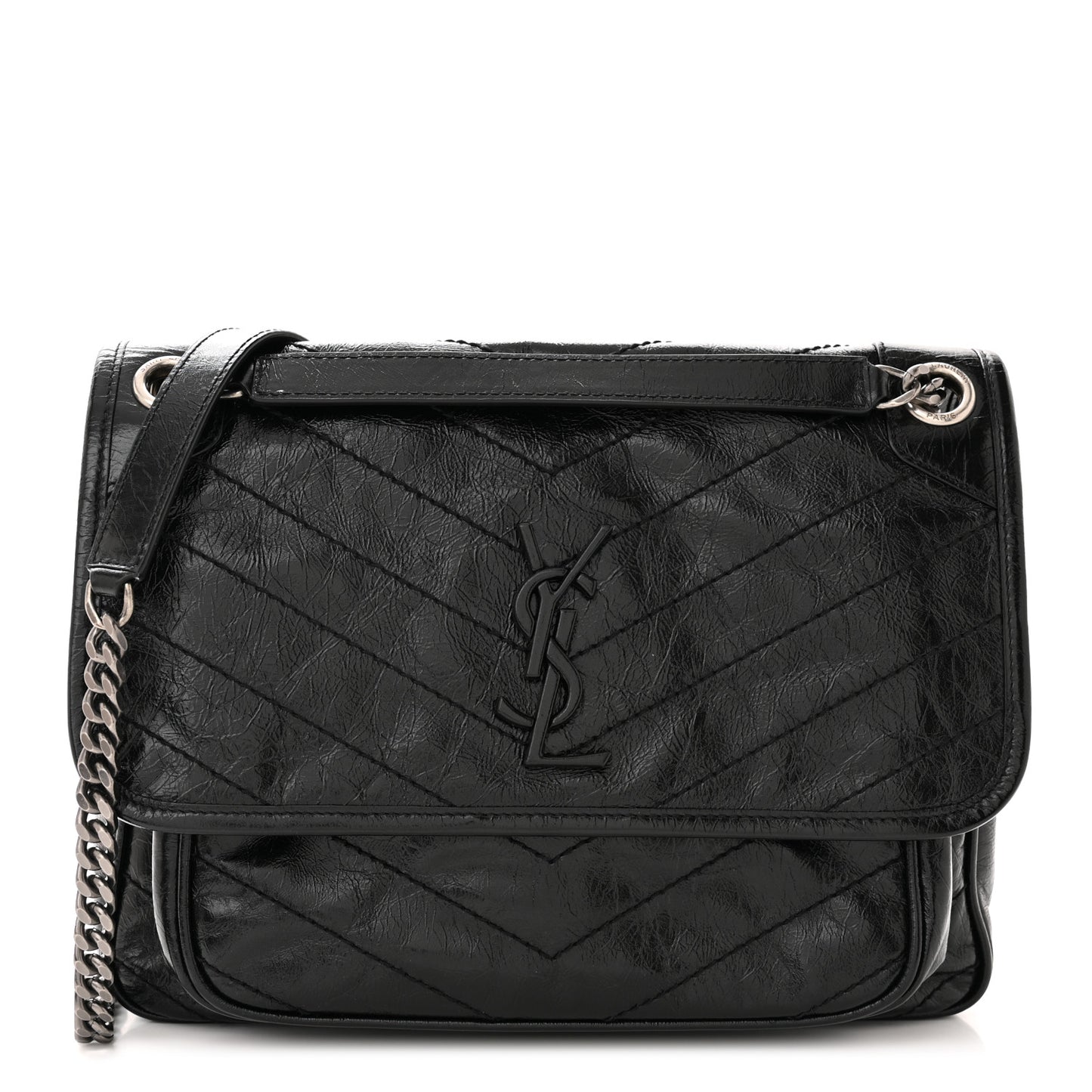SAINT LAURENT Crinkled Calfskin Matelasse Monogram Medium Niki Chain Satchel Black