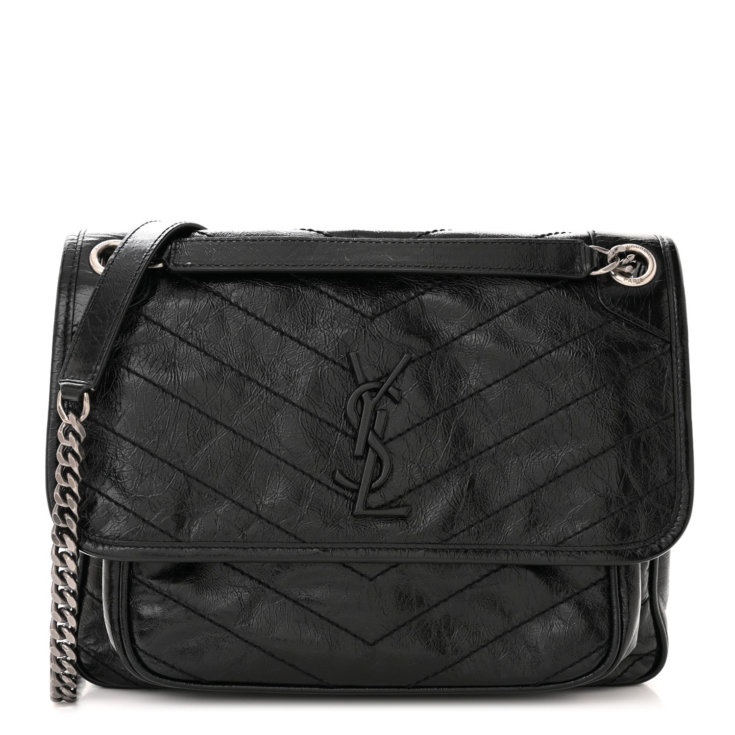 Saint Laurent SAINT LAURENT Crinkled Calfskin Matelasse Monogram Medium Niki Chain Satchel Black 1 of 9
