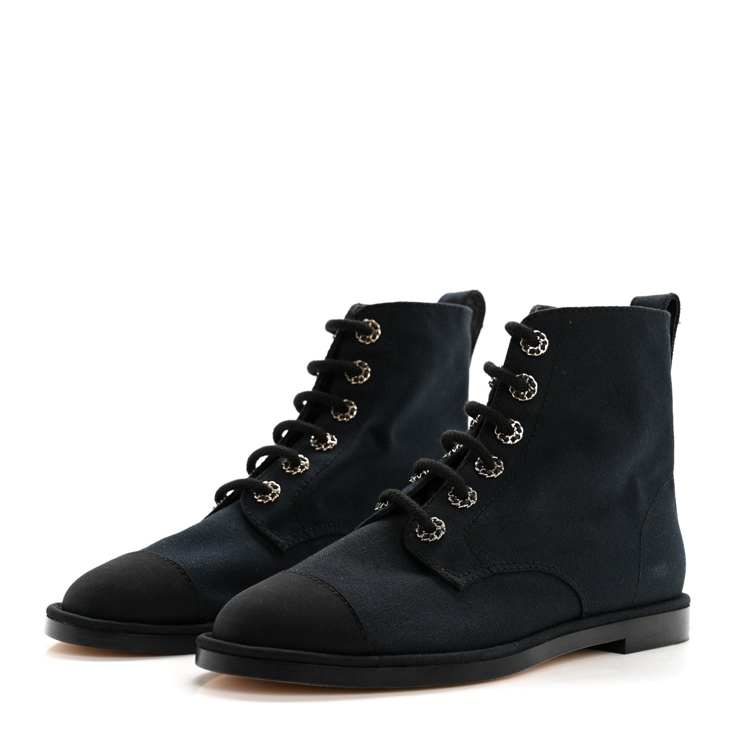 Chanel Cotton Grosgrain Cap Toe CC Lace Up Boots 39 Black 3 of 9