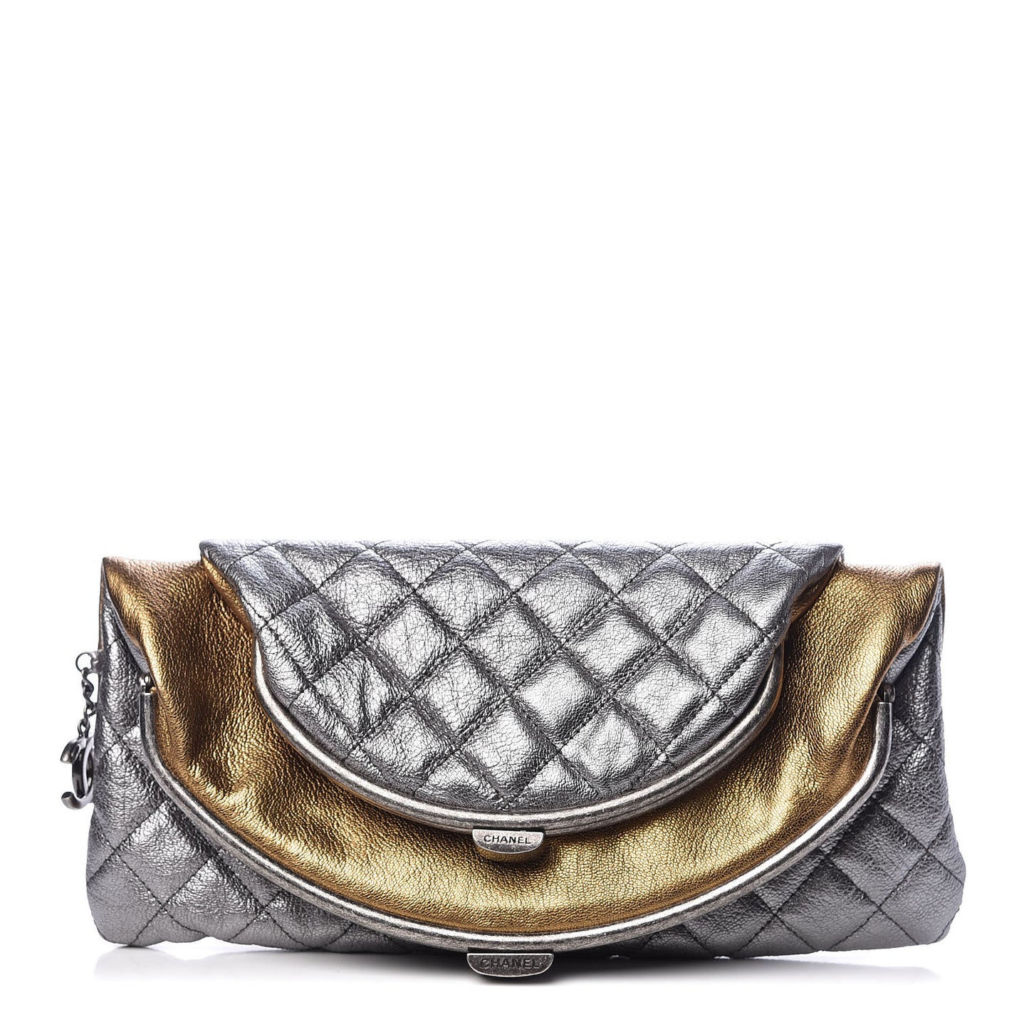 Metallic Goatskin Quilted Frame Clasp Flap Clutch Silver Gold