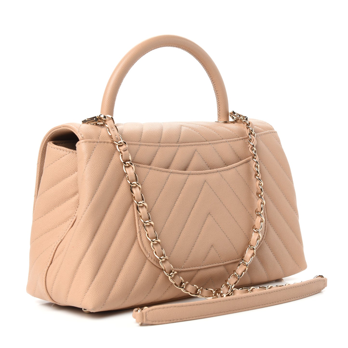 Caviar Chevron Quilted Small Coco Handle Flap Beige