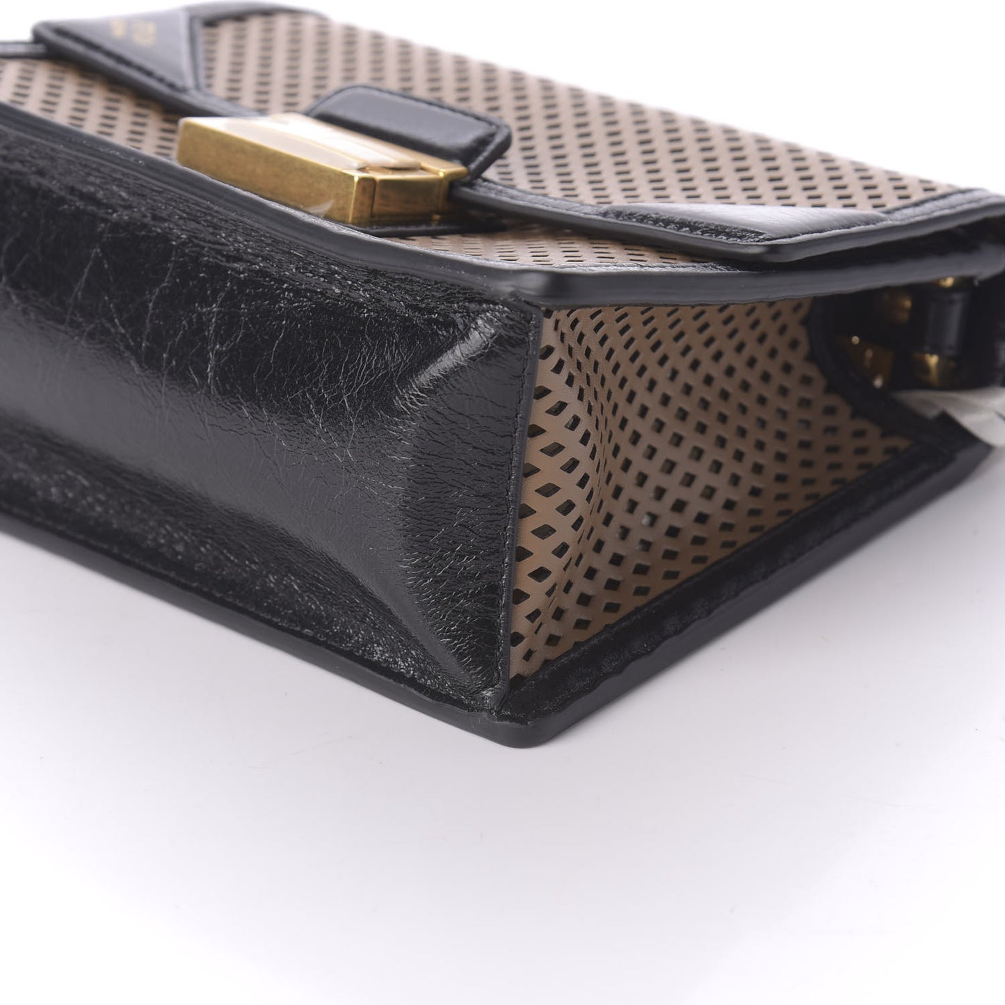 Vitello Liberty Glossy Lambskin Perforated Small Kan U Shoulder Bag Sand Mimosa Black