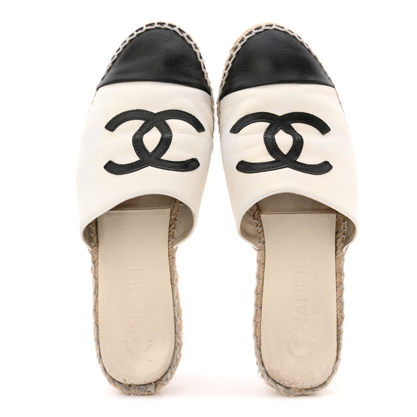 Iridescent Goatskin CC Espadrille Mules 38 Ivory Black