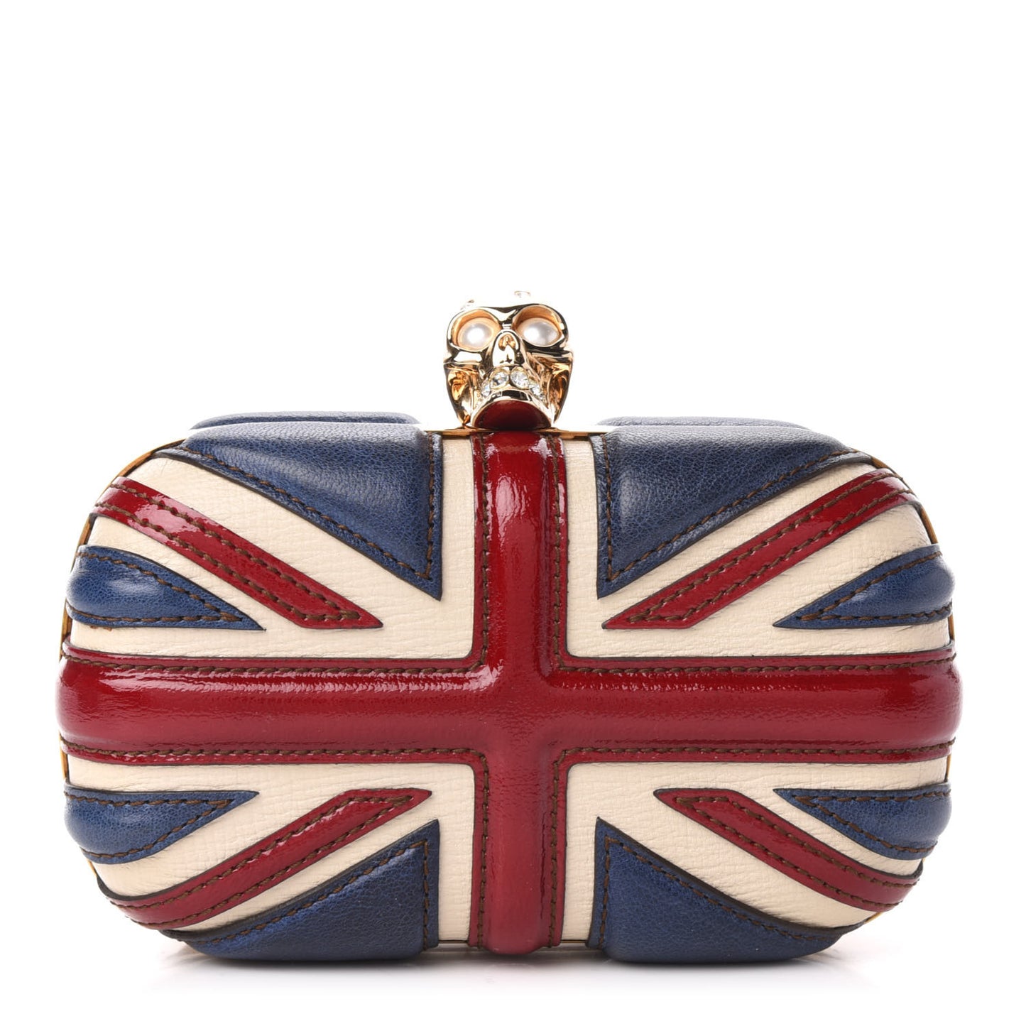 Patent Calfskin Britannia Skull Box Clutch Red Blue